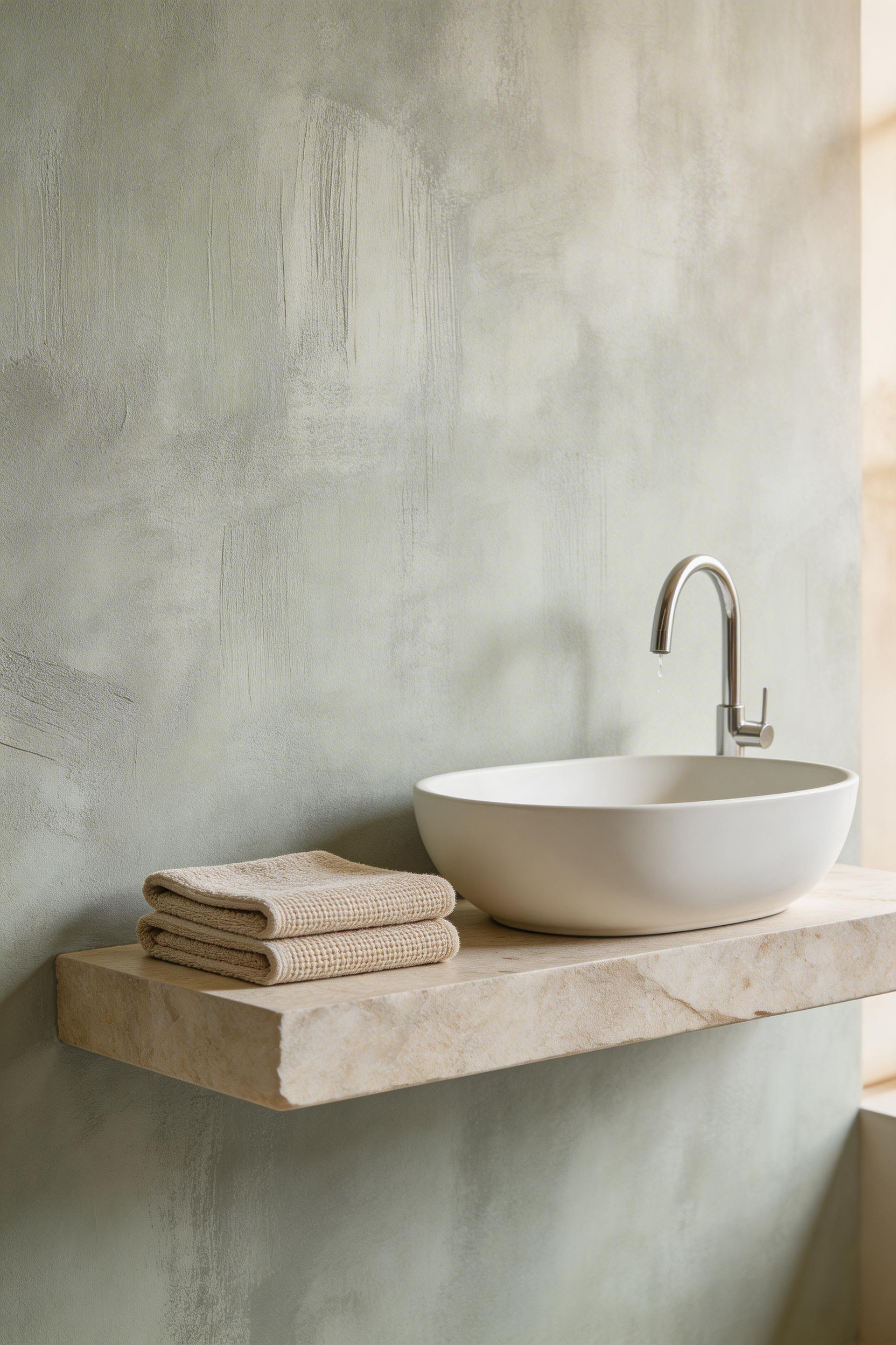 Limewash paint creates layered, organic depth that no other wall treatment replicates — one of the most cost-effective ideas in contemporary bathroom design inspiration.