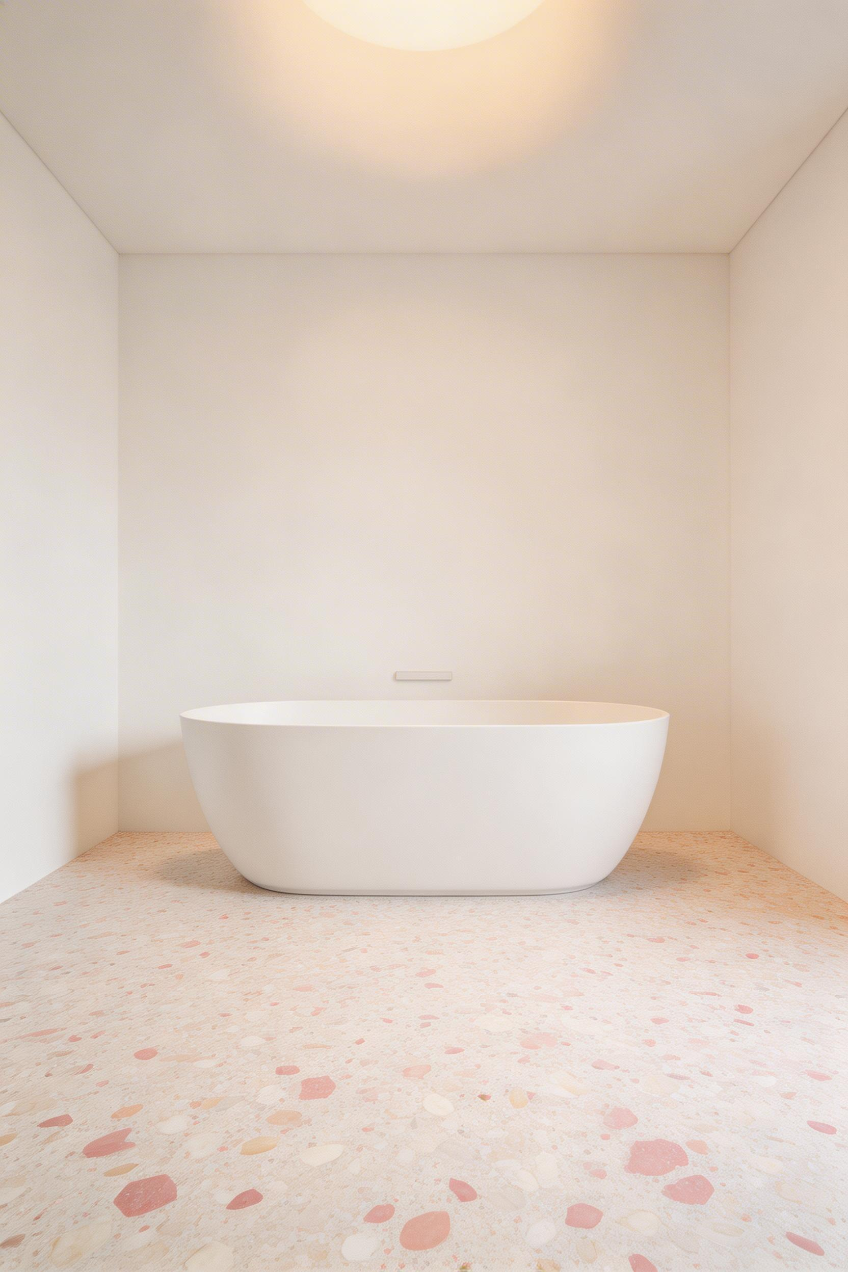 Terrazzo floors bring organic pattern and depth to bathroom design inspiration — the speckled surface hides wear and grout staining while anchoring the room's colour palette.
