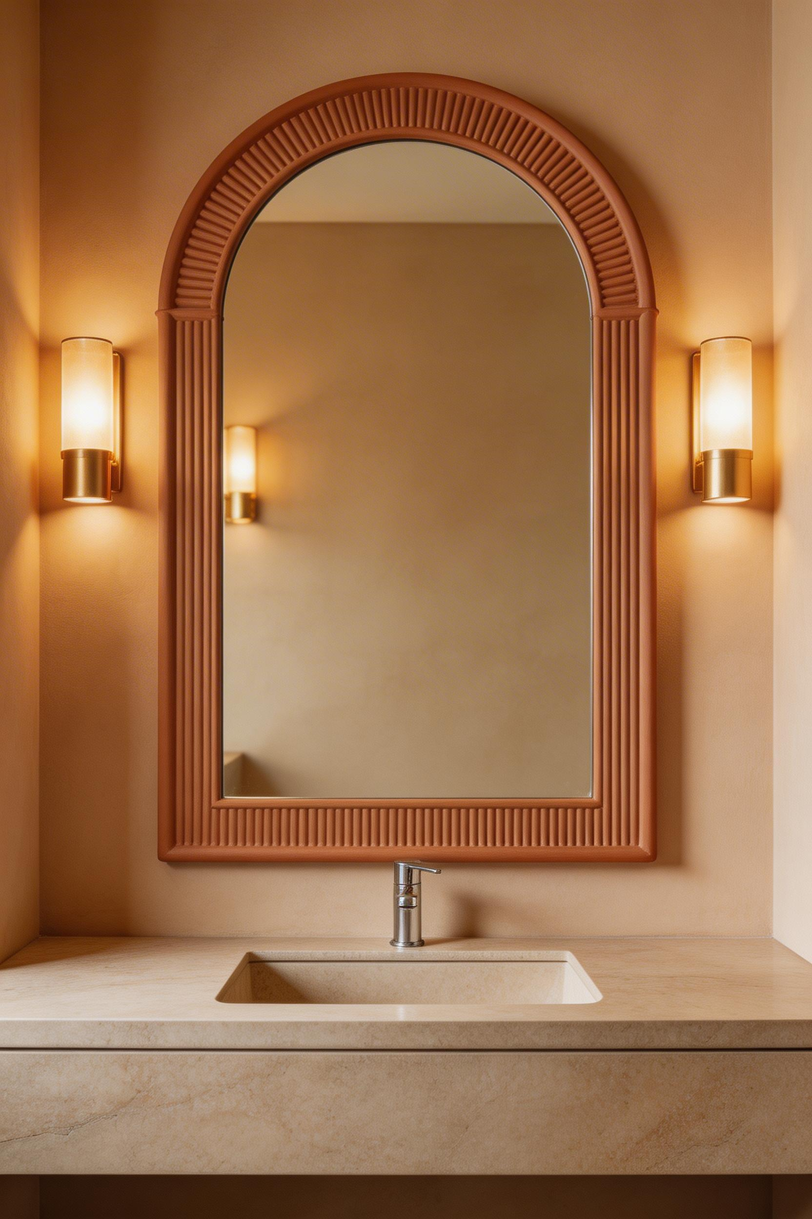 A statement mirror redefines the visual register of an entire bathroom — arched, backlit, or antique-framed options are among the most impactful choices in bathroom design inspiration.