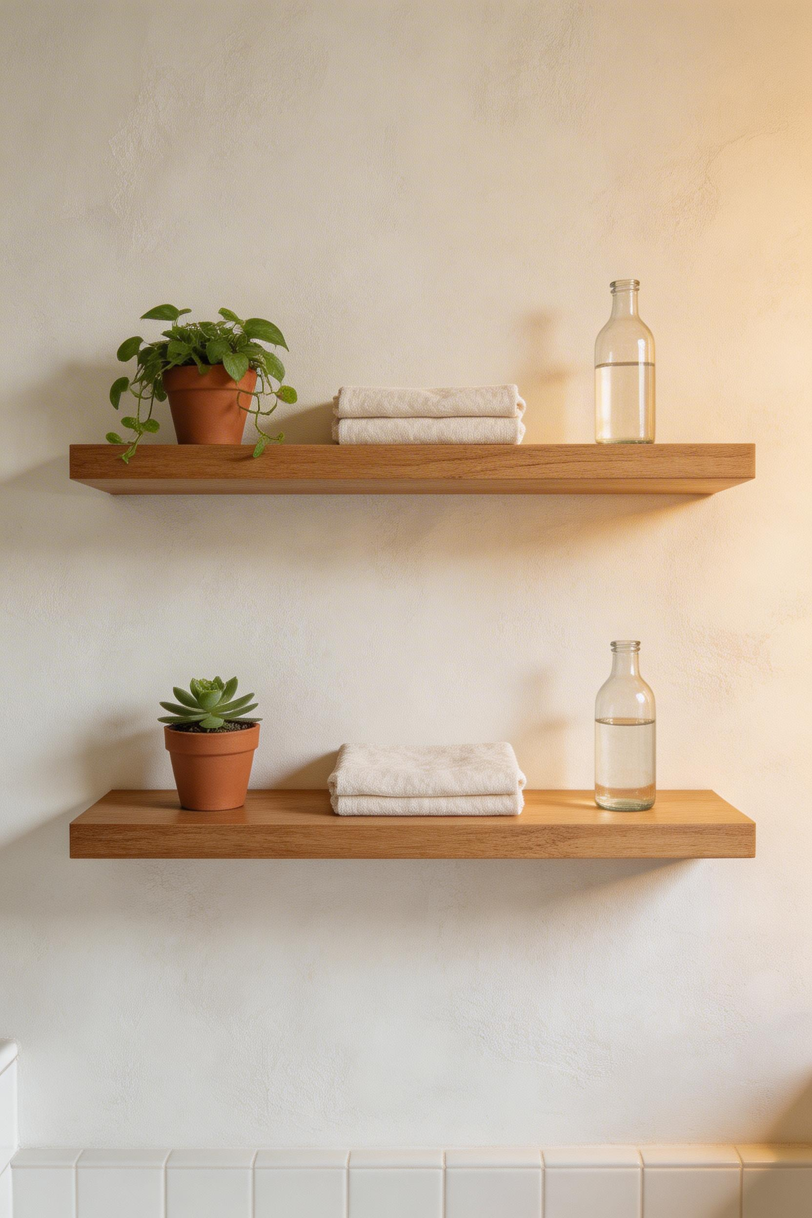 Open wooden shelving brings warmth and personality to bathroom design inspiration built around natural materials — oak and teak floating shelves are among the most effective and affordable upgrades.