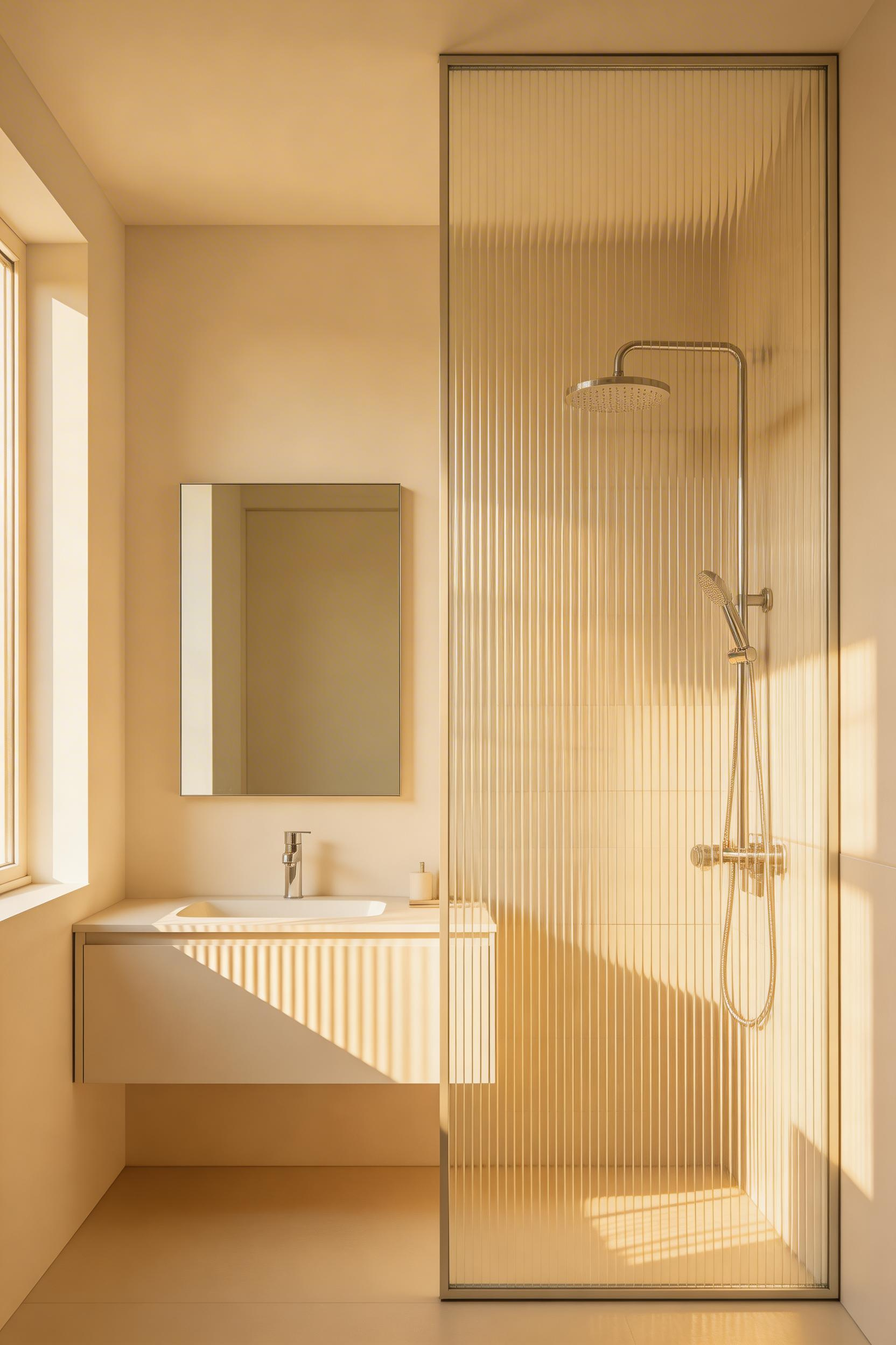 Fluted glass refracts light while obscuring sightlines, solving privacy without sacrificing daylight — an elegant element in contemporary bathroom design inspiration.