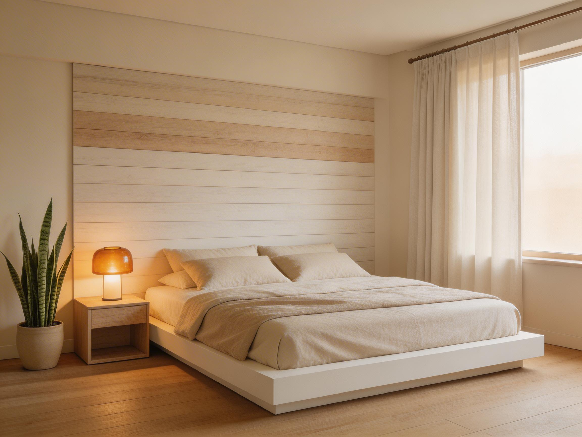 A complete bedroom remodel with warm neutral paint, white oak feature wall, low platform bed, and natural textures — the combined effect of multiple small deliberate choices.