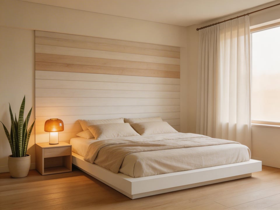 A complete bedroom remodel with warm neutral paint, white oak feature wall, low platform bed, and natural textures — the combined effect of multiple small deliberate choices.