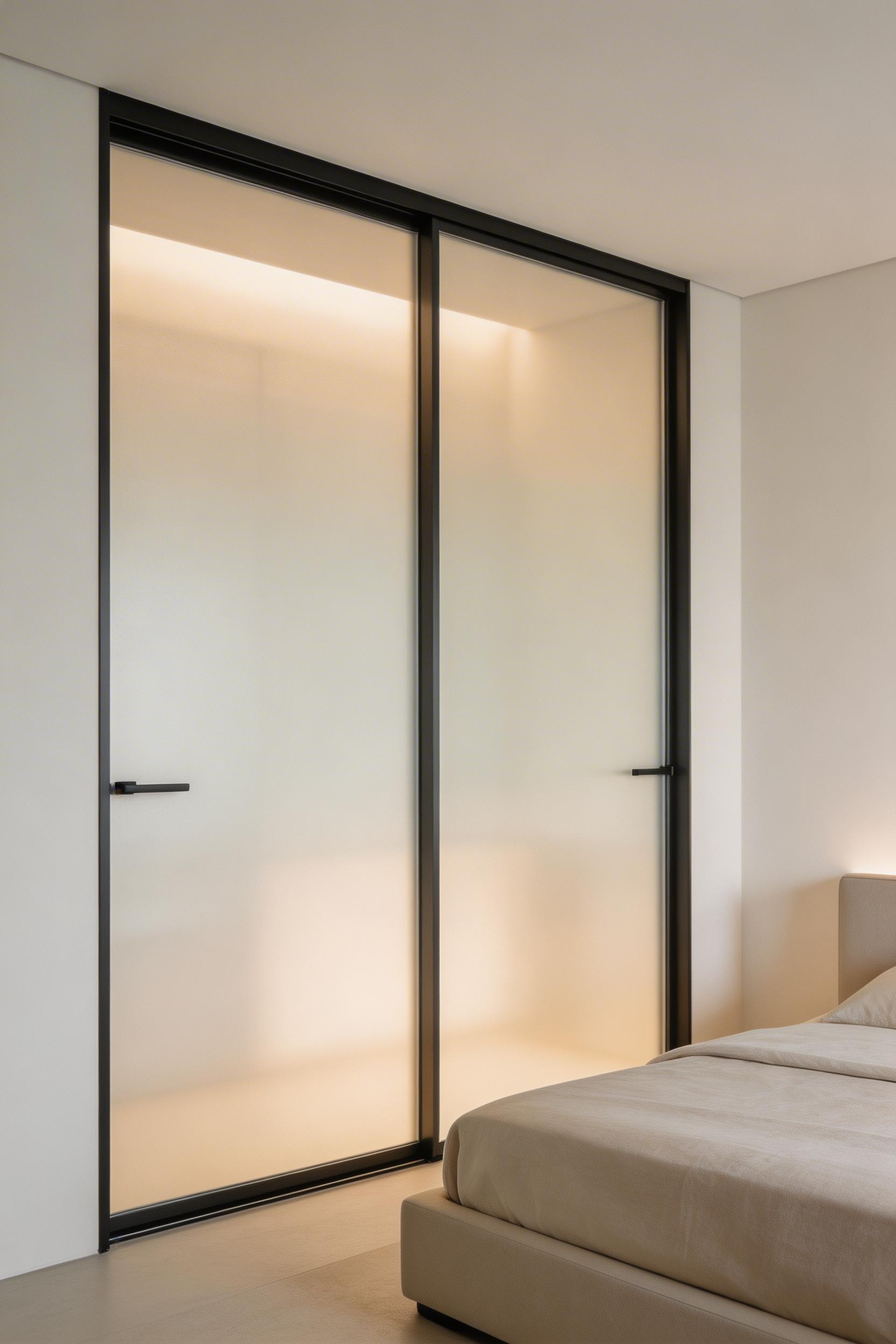 Frosted glass sliding closet doors in a matte black frame — they eliminate the swing arc, filter light, and keep the wall visually unbroken.