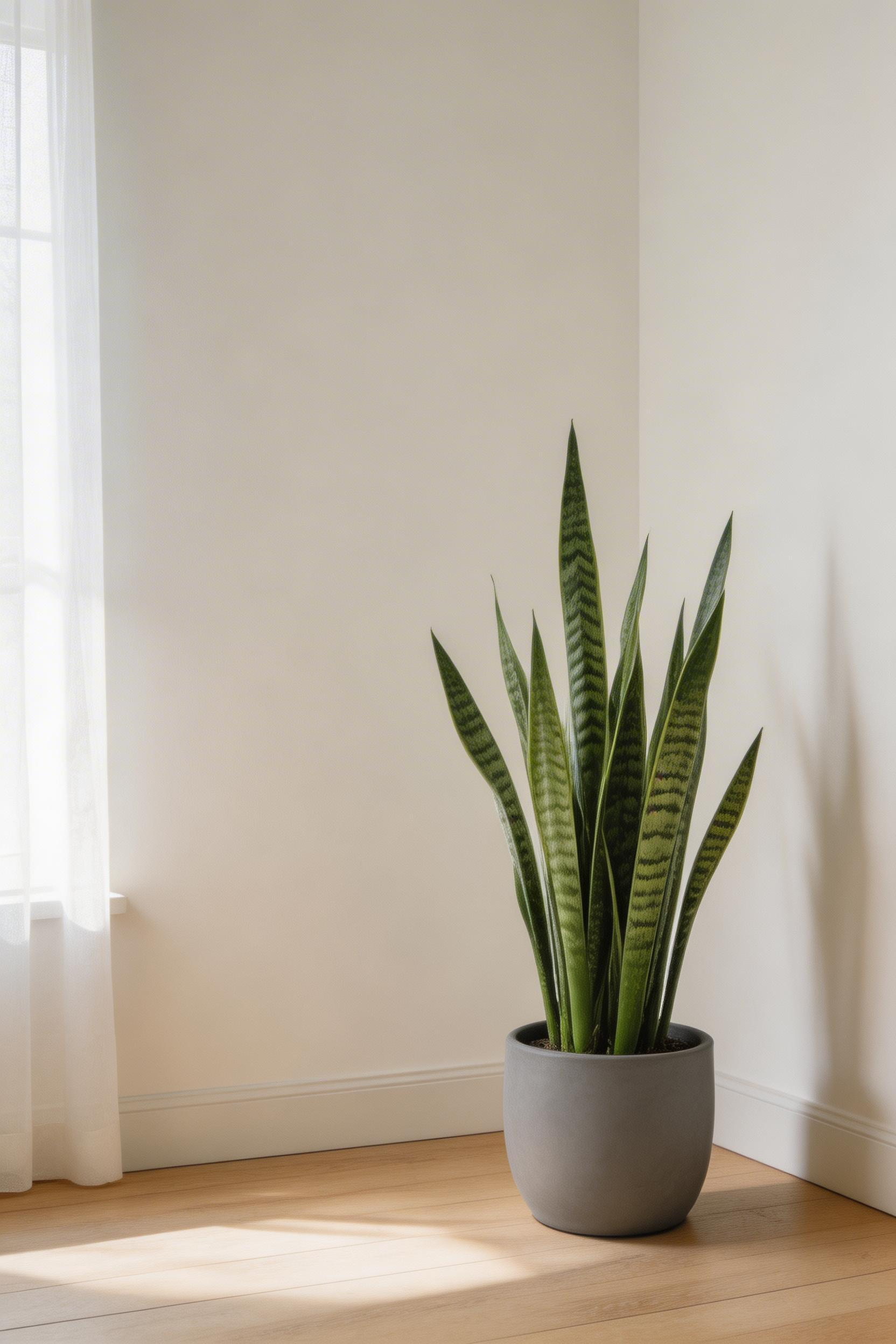 One large snake plant at floor level — furniture scale, matte ceramic pot, correct placement — reads as a design element rather than an afterthought.