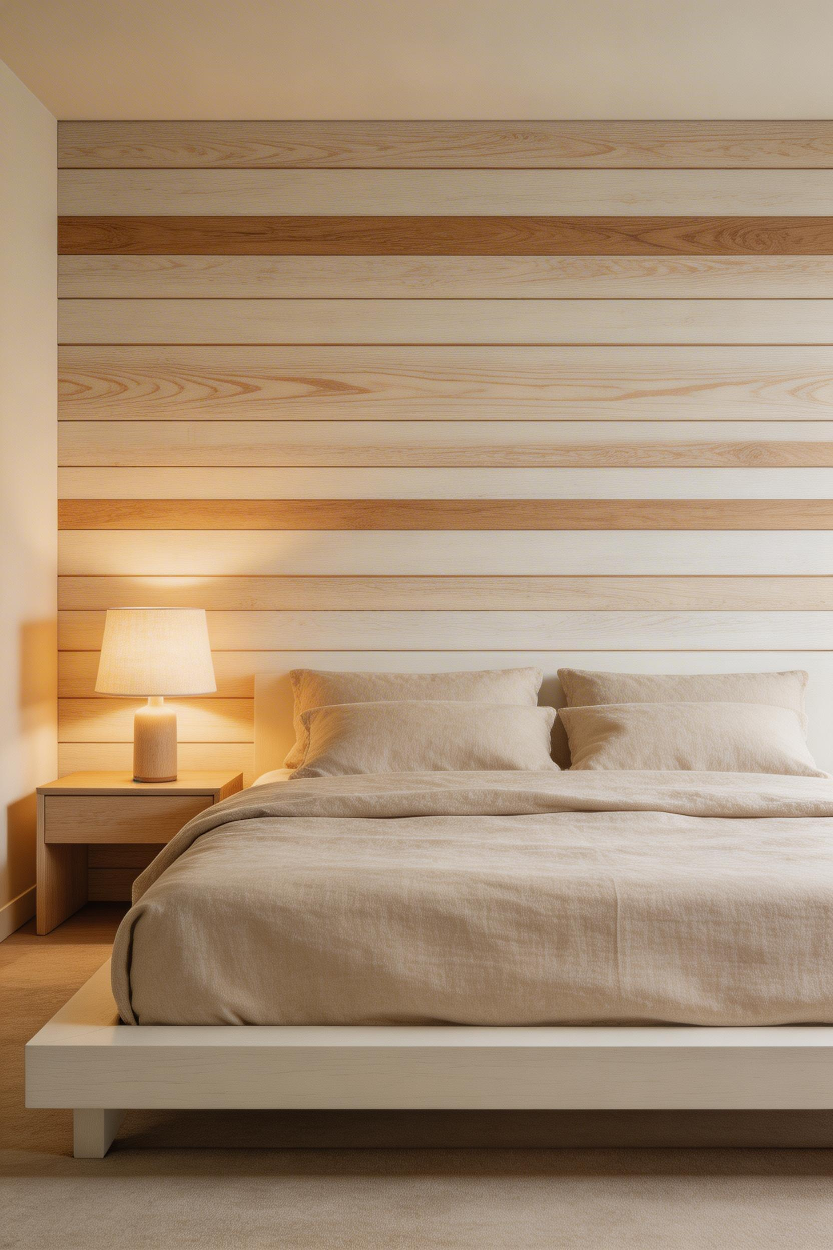 Horizontal white oak planks behind the bed anchor the room without artwork — and the natural grain variation means no two installs look alike.