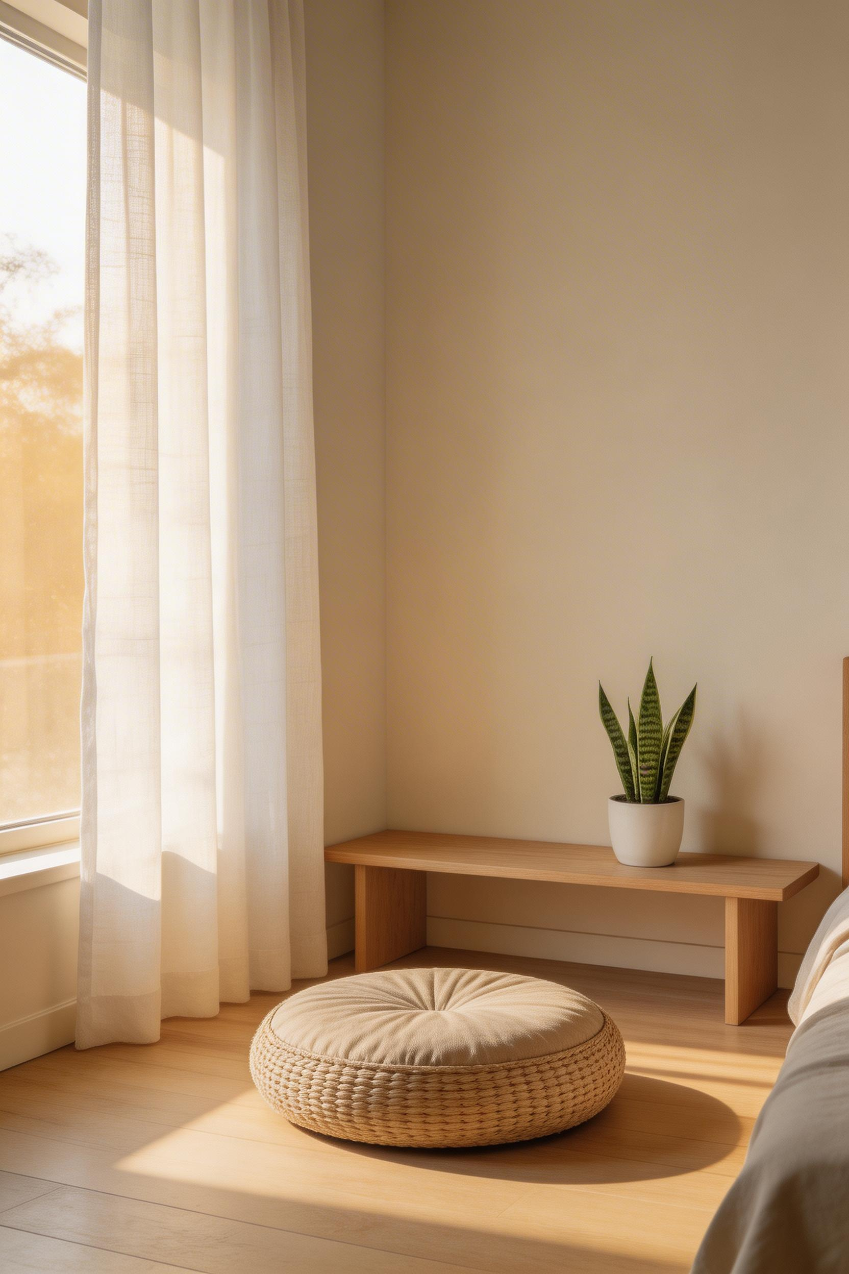 A 4×4 foot morning ritual corner near the window — cushion, small surface, one plant — creates a psychological separation between sleep and the start of day.
