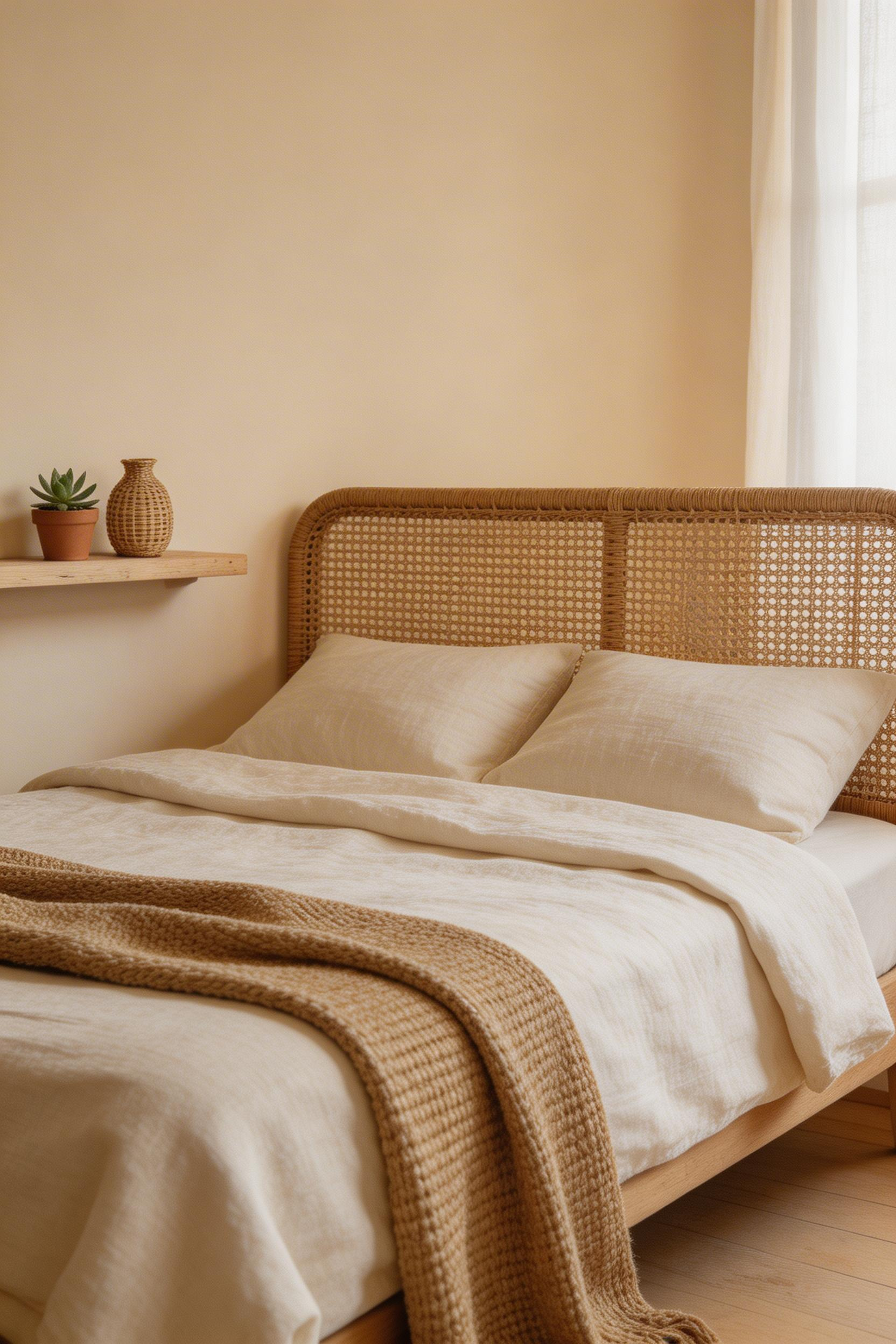 Rattan headboard, cream linen, and raw wood shelf — three textures from the same tonal range that create depth without colour.