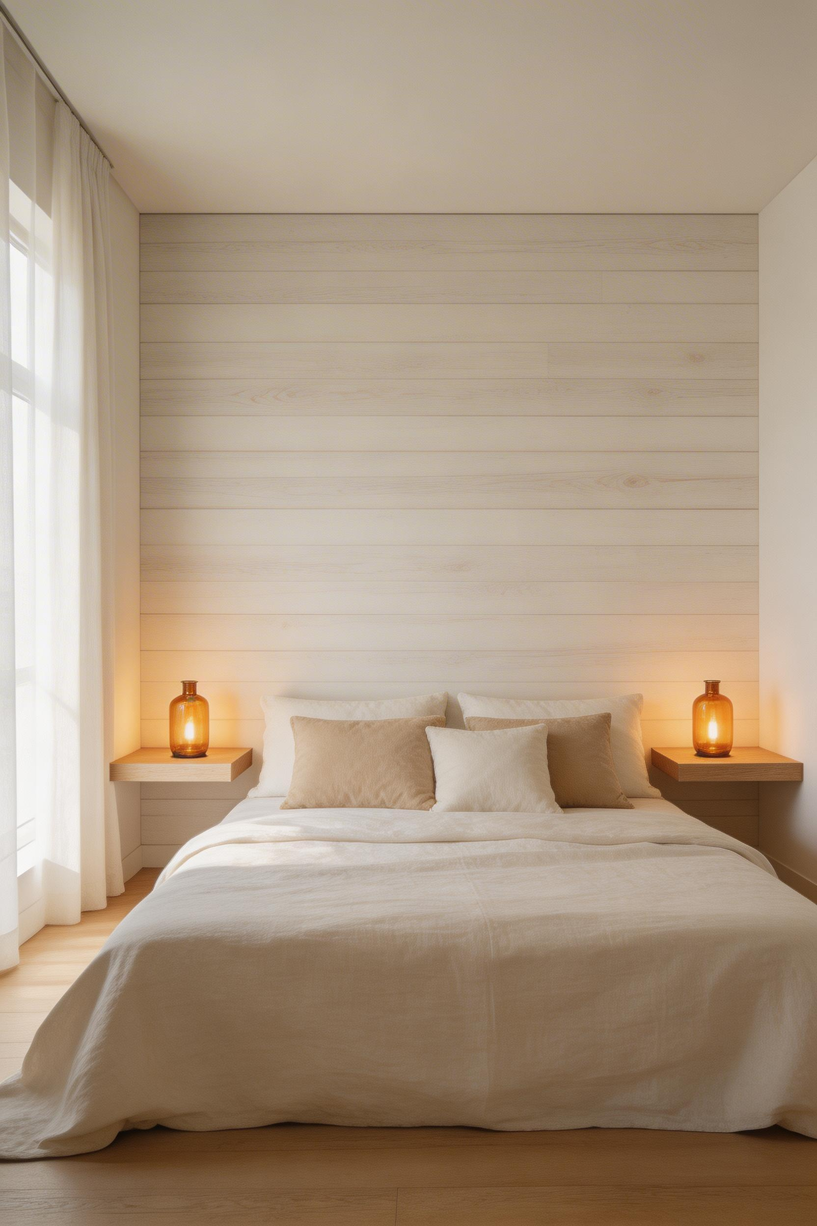 A TV-free bedroom with a warm wood wall and amber lamplight — the simplest and most effective bedroom remodel idea.