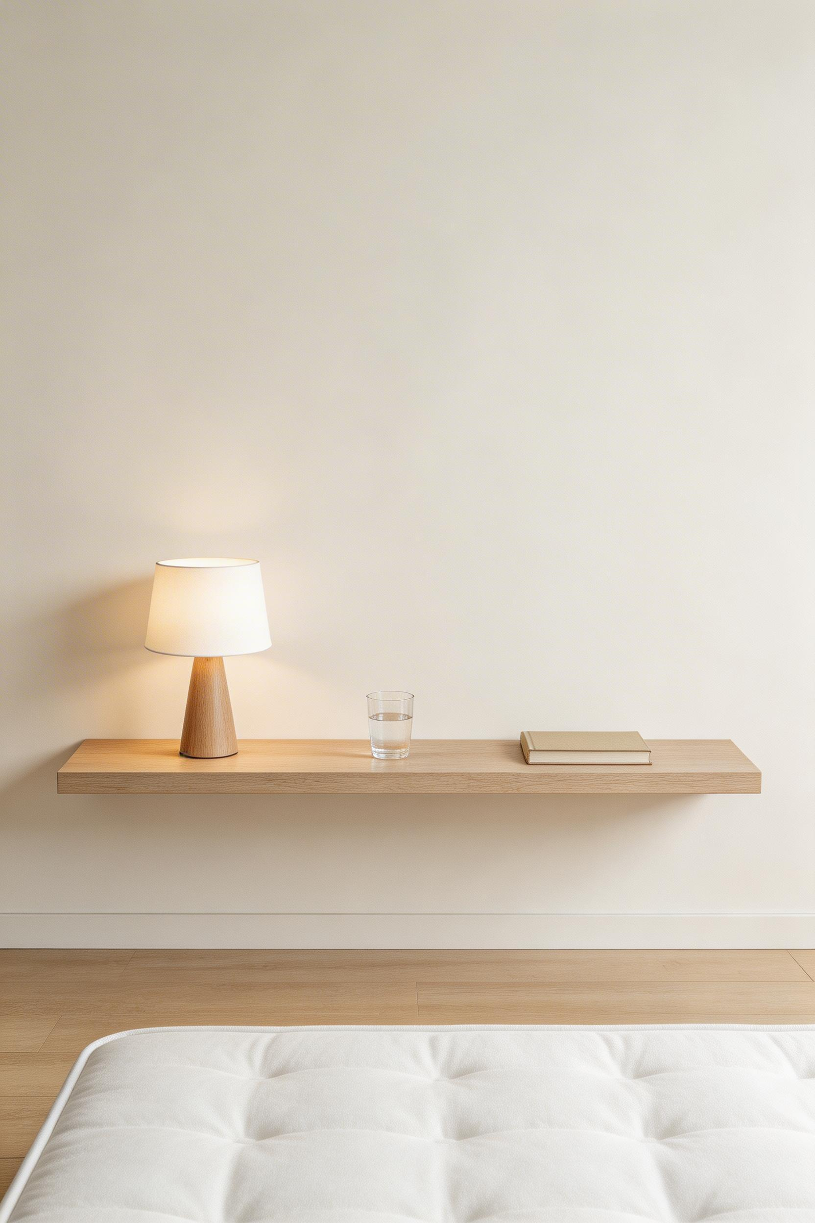 A floating white oak shelf at mattress height — lamp, water glass, book — recovers the floor area and removes the bulk of freestanding nightstands.