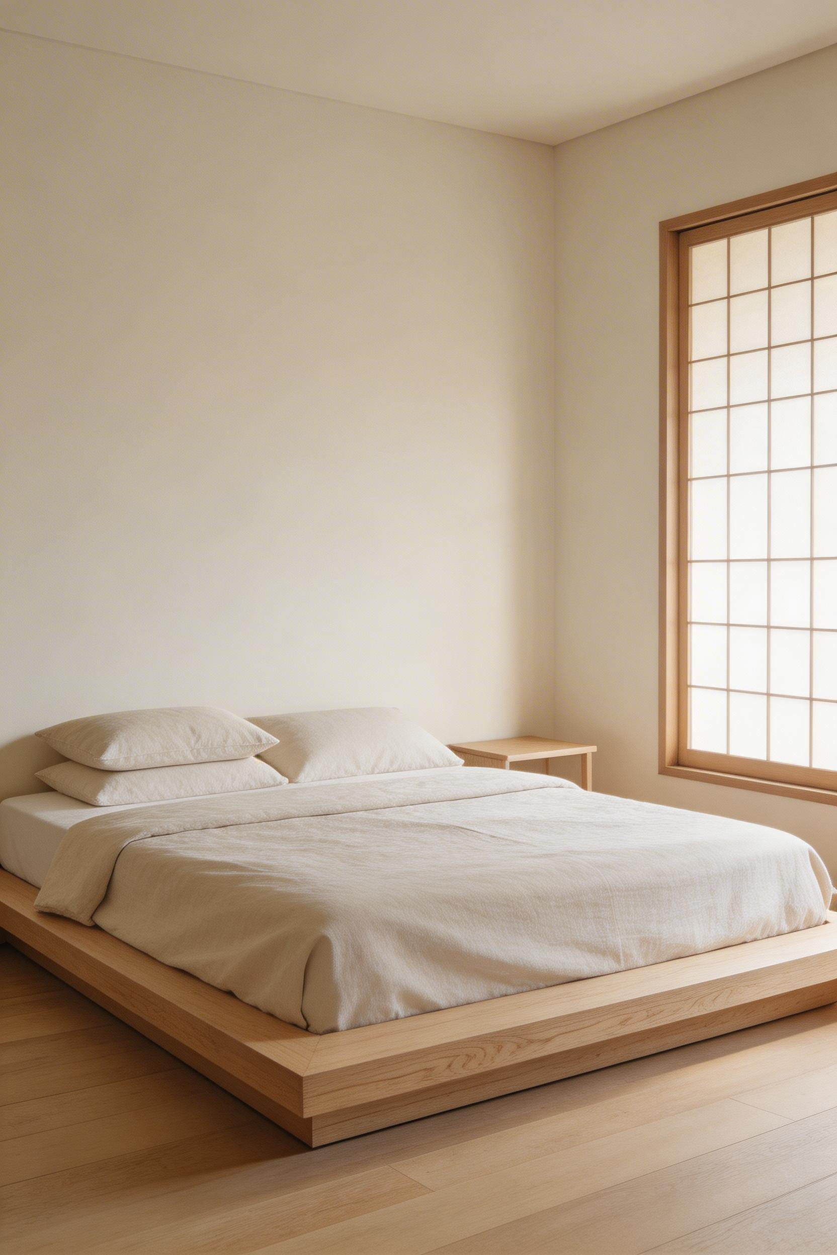 A platform bed at 8 inches from the floor shifts the room's proportions — walls appear taller, the space feels wider and quieter.
