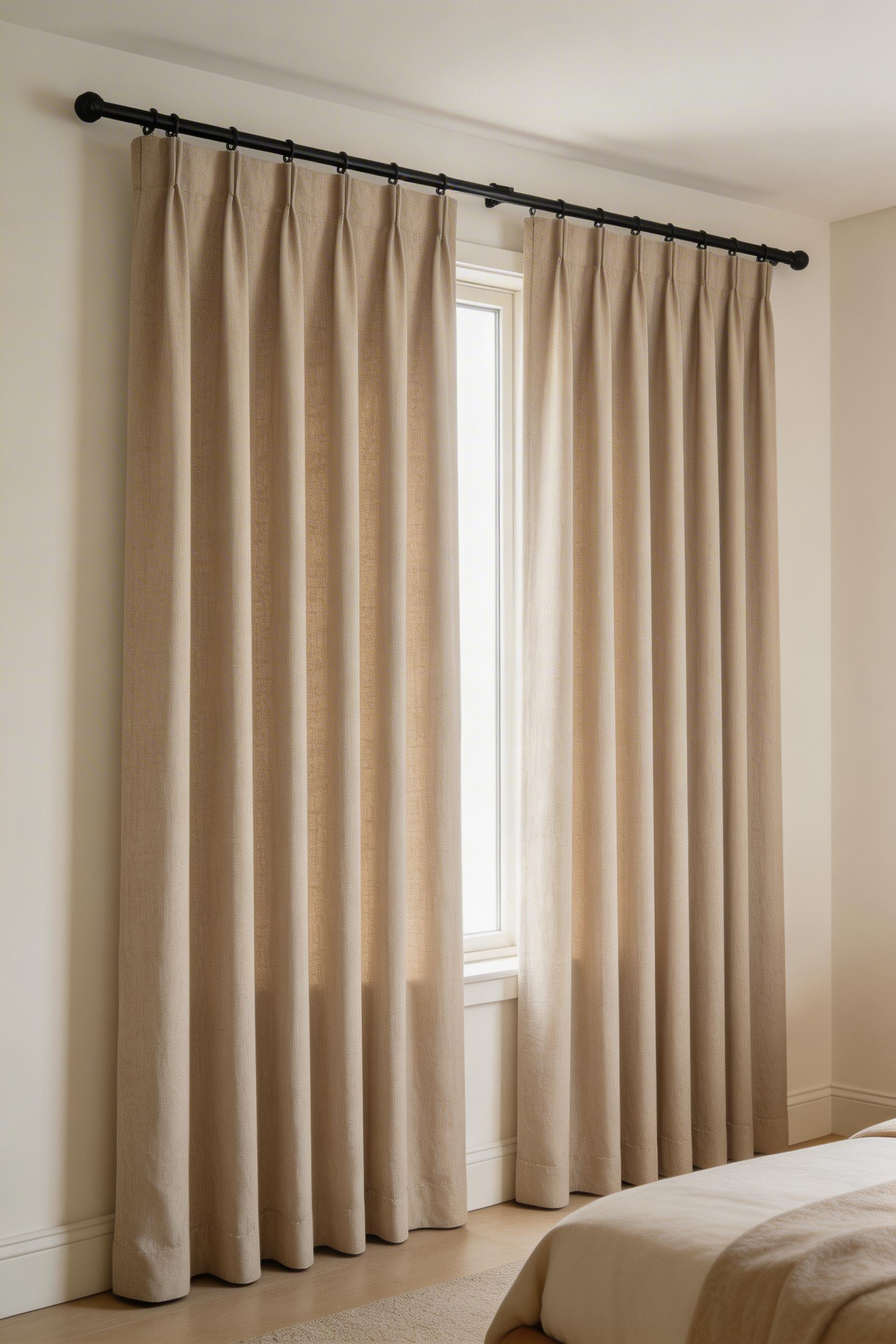 Ceiling-mounted blackout curtains with panels extending 10 inches past the frame — the only installation method that eliminates all light gaps.