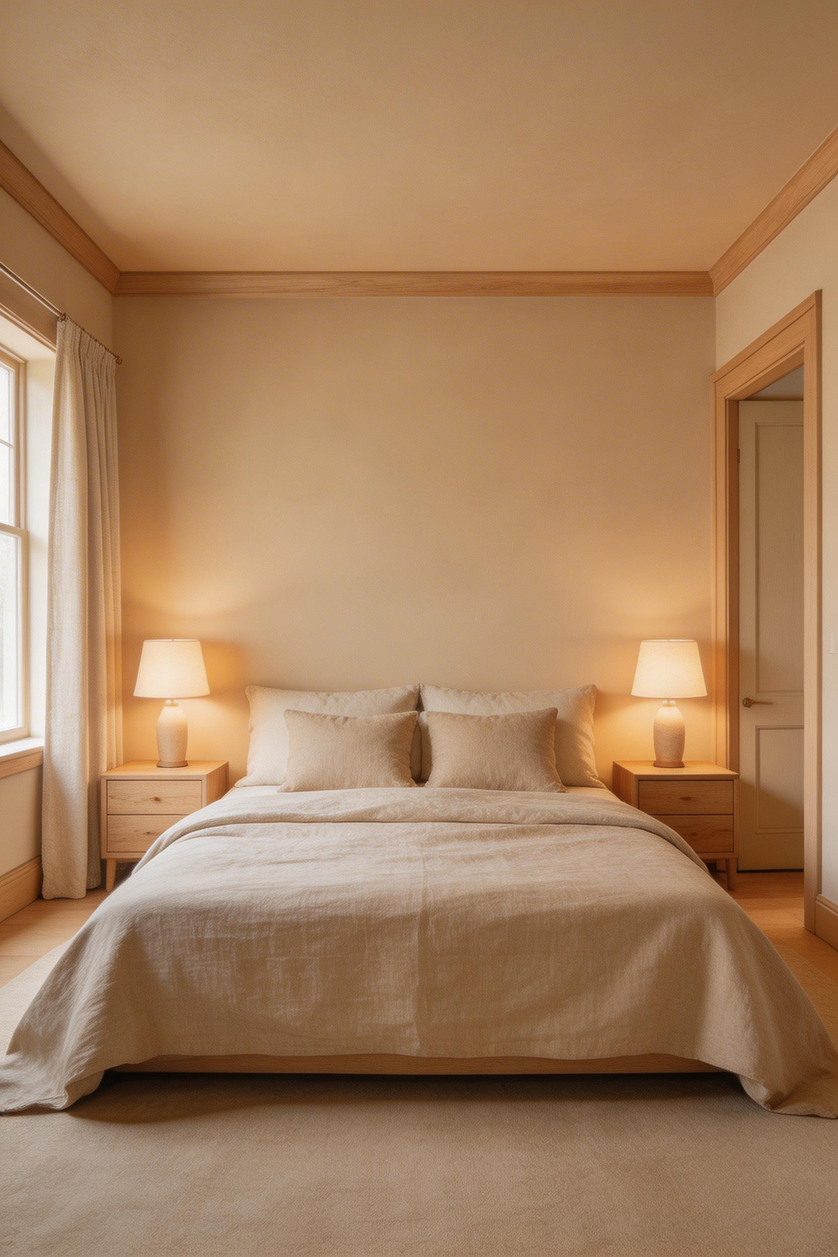 Warm neutral paint in the LRV 45–65 range absorbs rather than reflects — especially effective when matched to ceiling and trim.