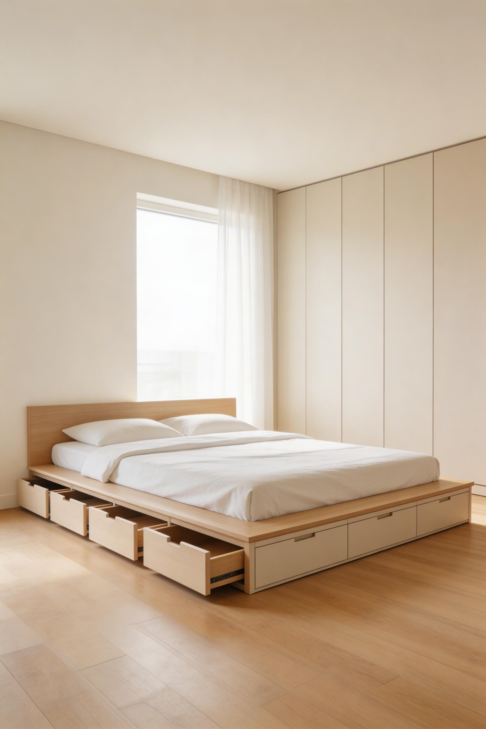 Under-bed drawers and built-in storage remove floor clutter without requiring extra space — the foundation of a minimal, restful bedroom.