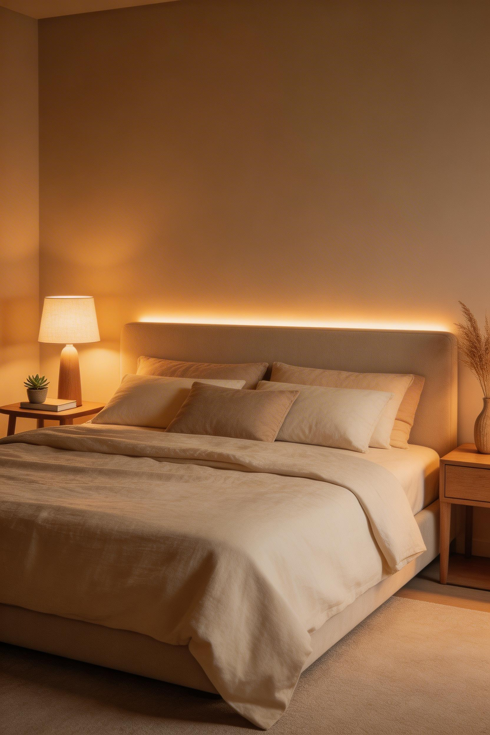 Layered warm lighting at 2700K — ambient, task, and accent — lets you dim the room progressively rather than switching everything off at once.