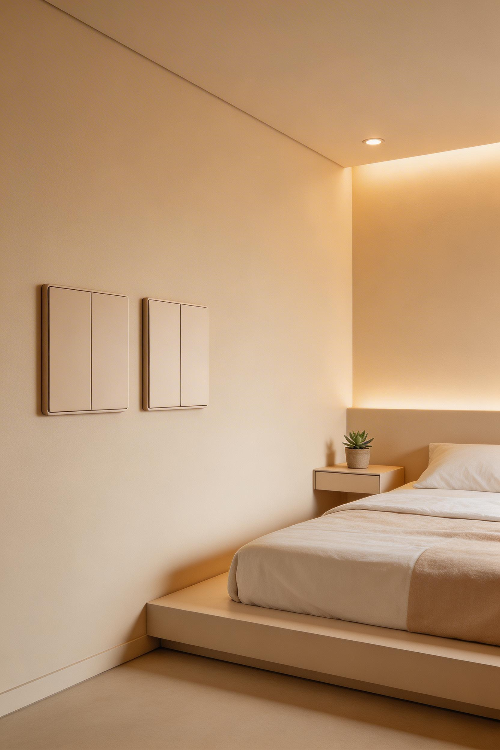In-wall smart switches and hidden cables keep the technology functional while keeping the bedroom visually uncluttered.