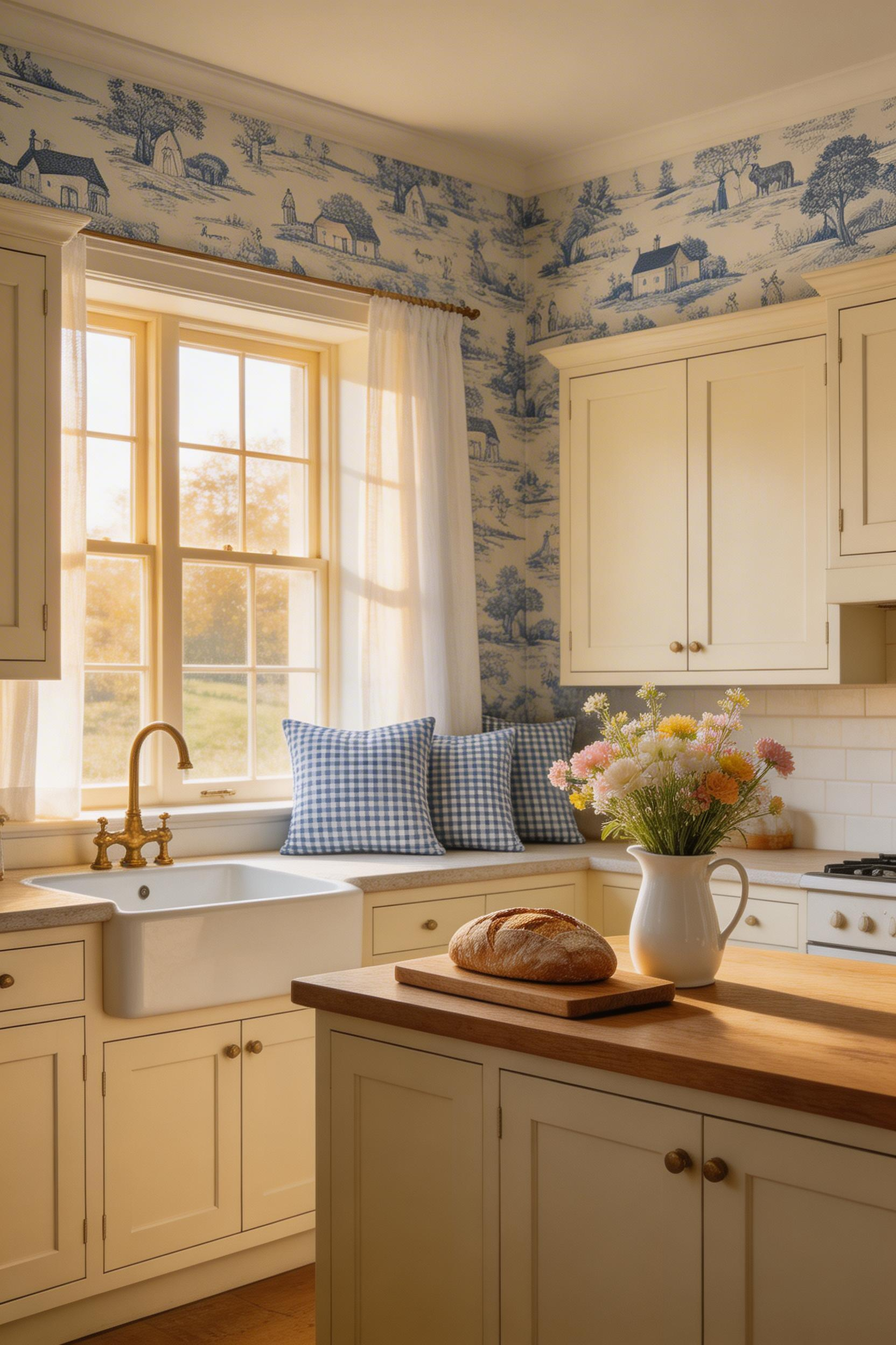 Vintage toile de Jouy wallpaper brings 265 years of pastoral story to a country kitchen — the single-colour restraint of the pattern means it reads as considered rather than busy, whatever the motif complexity.