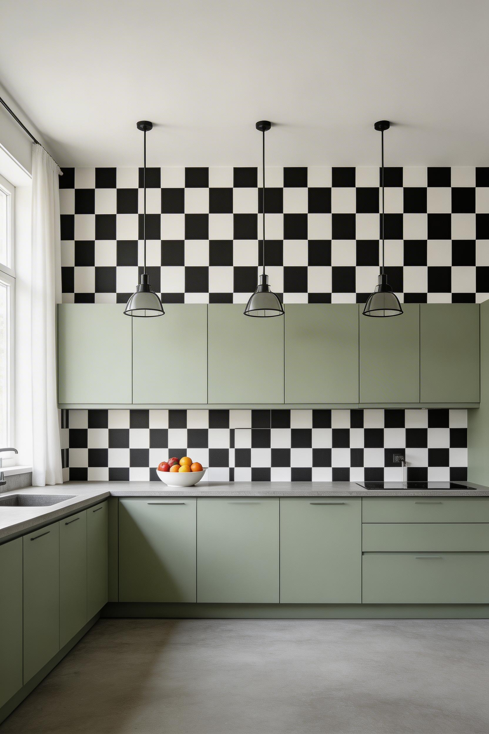Geometric kitchen wallpaper in bold checkerboard creates instant visual structure — the pattern rhymes with a kitchen's existing lines and works best grounded by matte cabinet finishes.