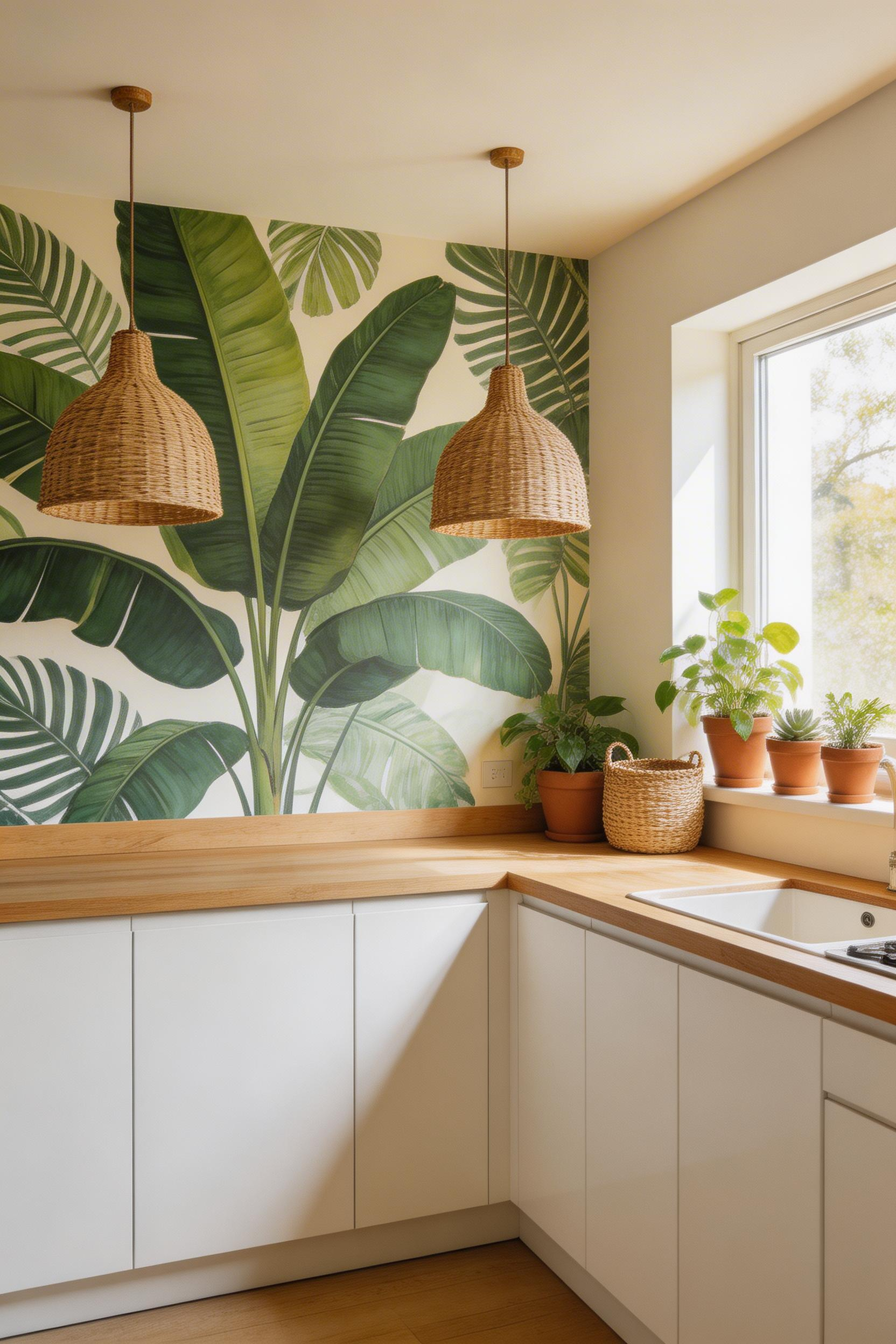 Tropical leaf kitchen wallpaper inspiration connects the cooking space to living nature — a biophilic approach backed by research showing measurable wellbeing benefits from nature-connected visual environments.