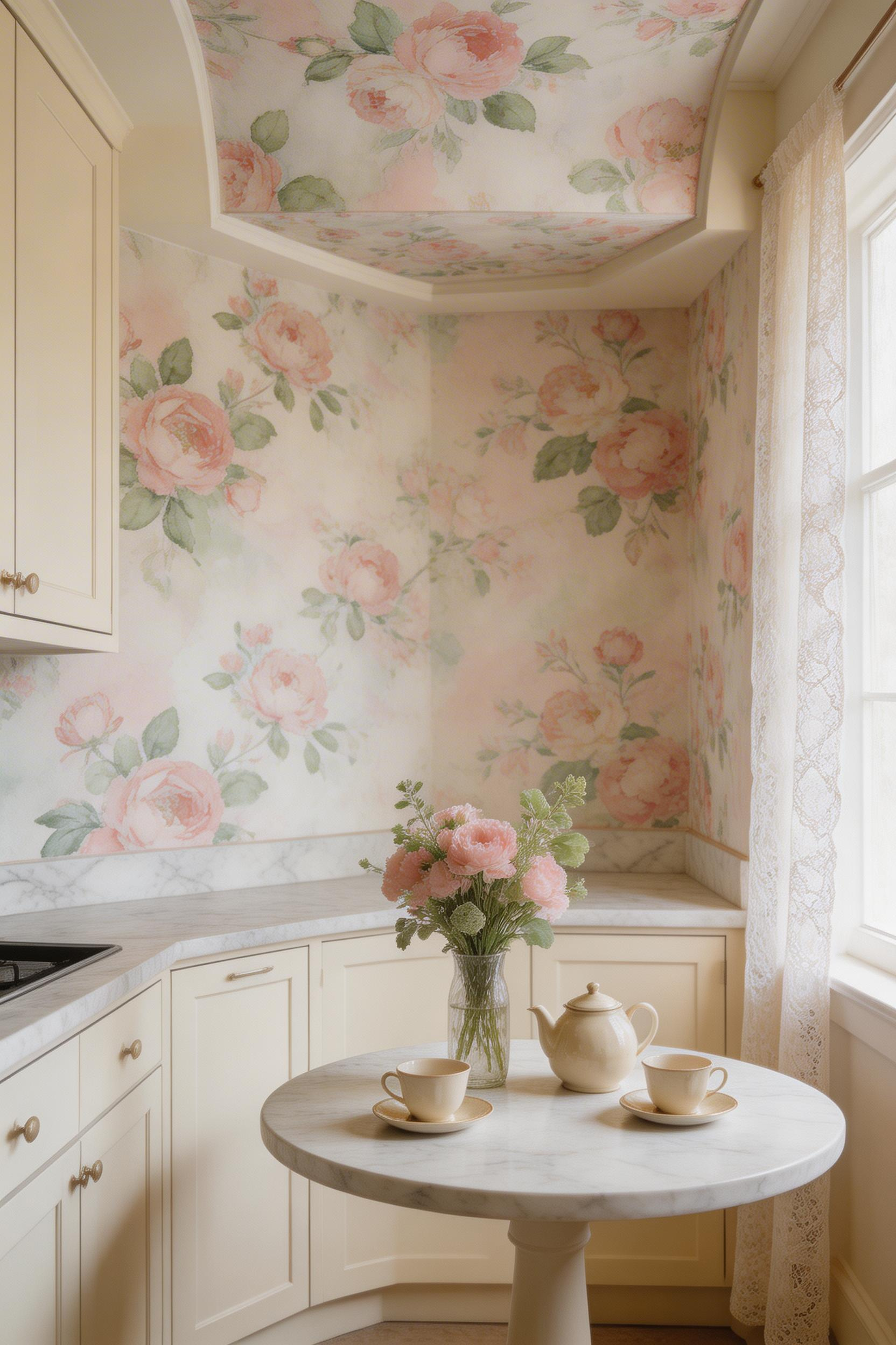 Watercolour floral kitchen wallpaper on a ceiling recess above a breakfast nook creates a canopy effect — the softest form of kitchen wallpaper inspiration, bringing organic warmth to hard surfaces.
