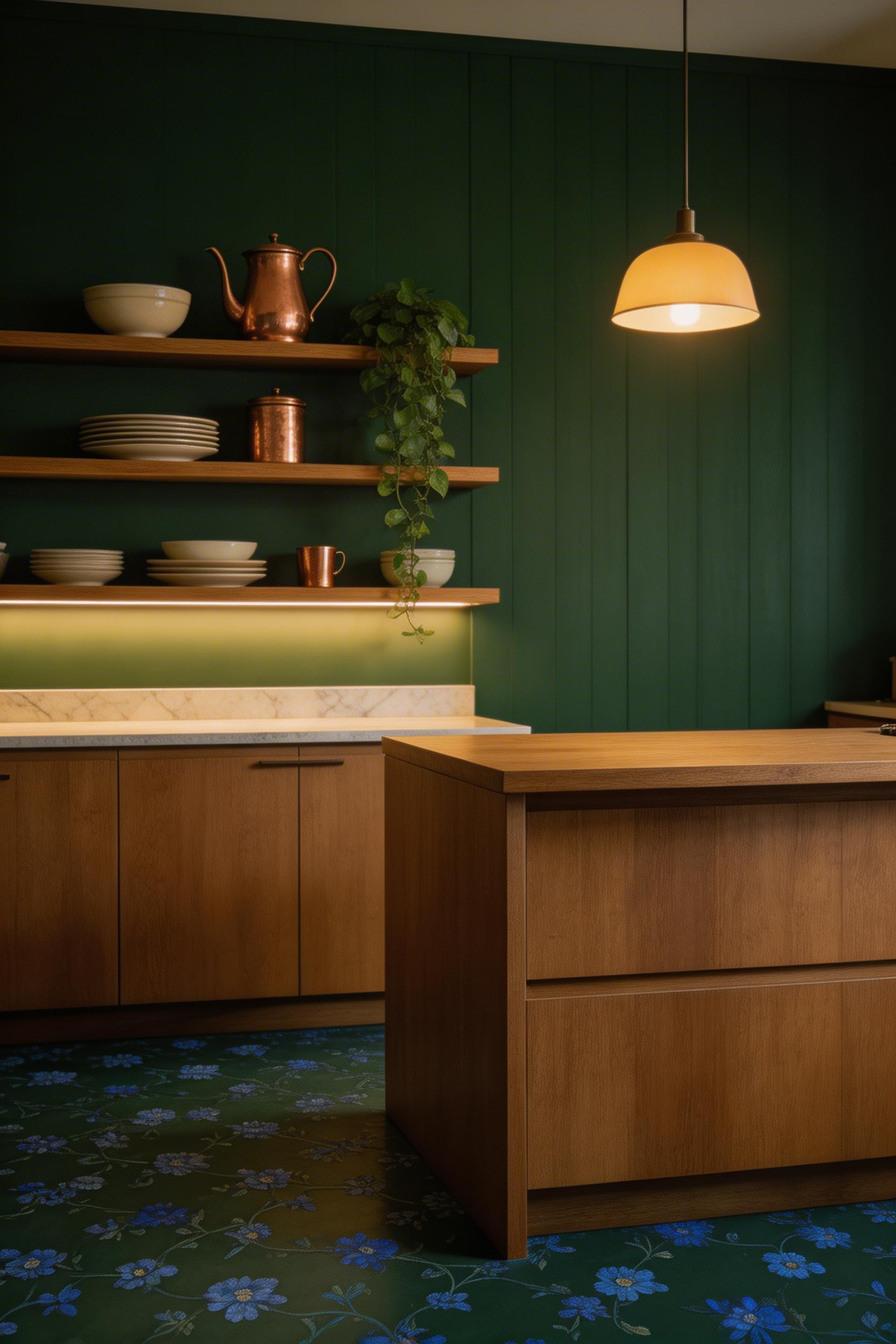 Moody dark kitchen wallpaper in deep forest green creates a dramatic, intimate atmosphere — used selectively on an alcove wall behind shelving, it makes displayed objects come alive.