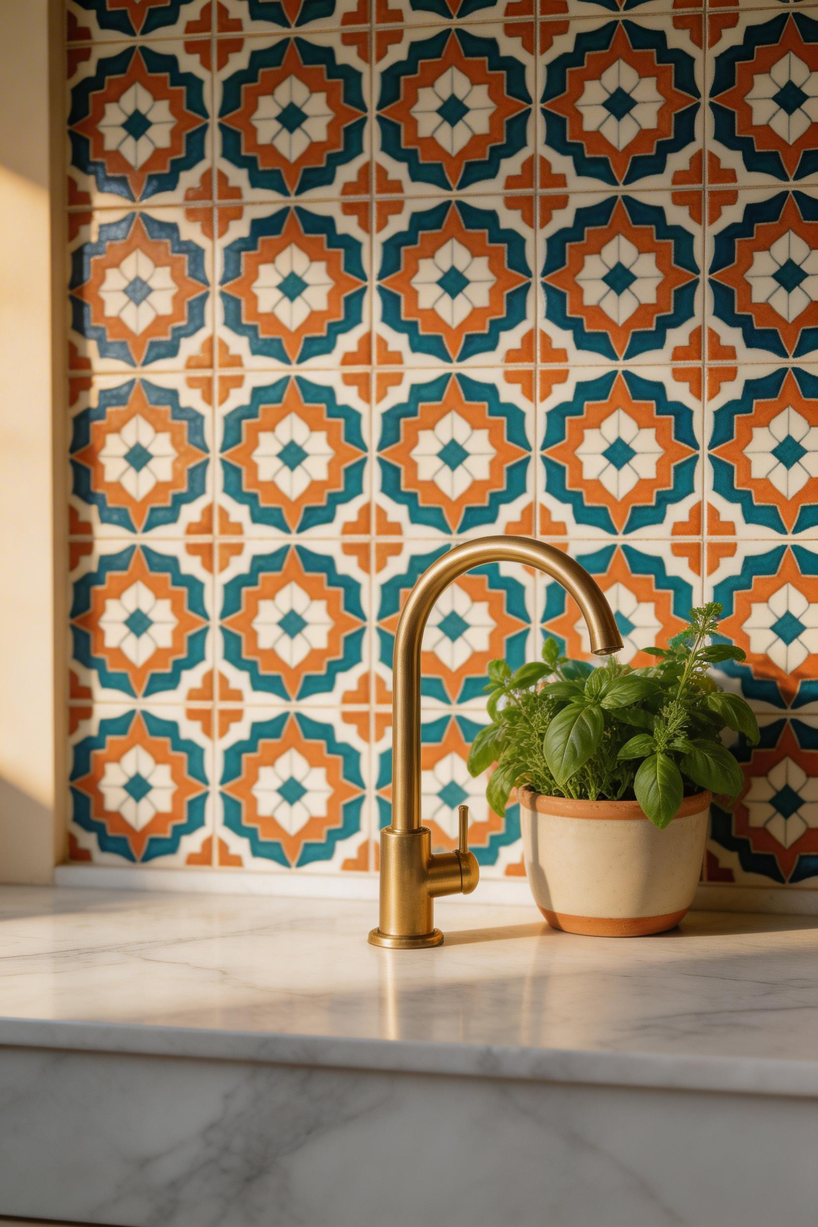 Moroccan tile-effect kitchen wallpaper at splashback height delivers the zellige mosaic aesthetic at a fraction of the cost — with washable finishes suited to the kitchen environment.
