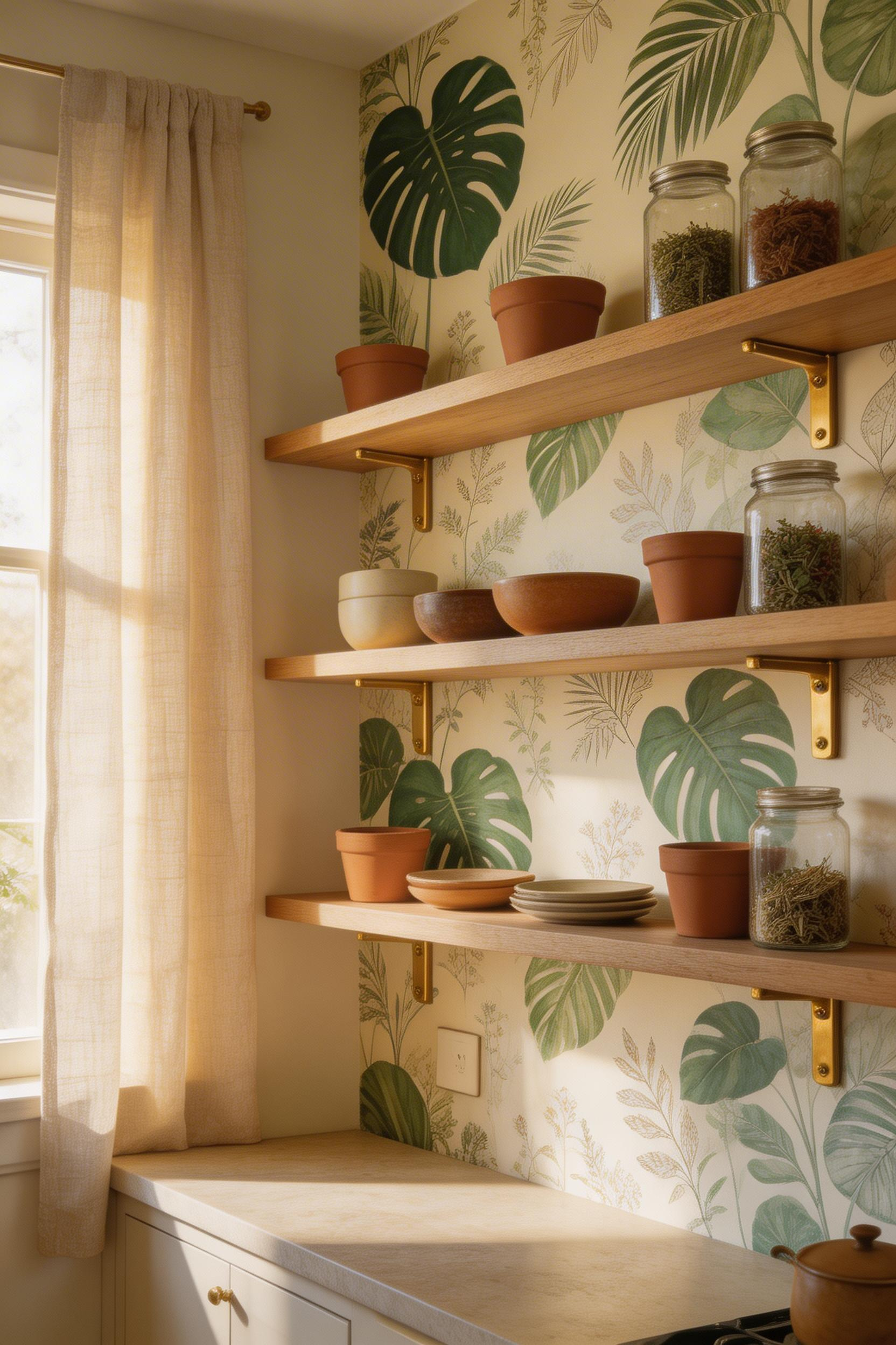 Botanical print kitchen wallpaper brings the kitchen garden aesthetic indoors — large-scale leaf patterns read best on a single feature wall paired with open shelving and warm brass accents.