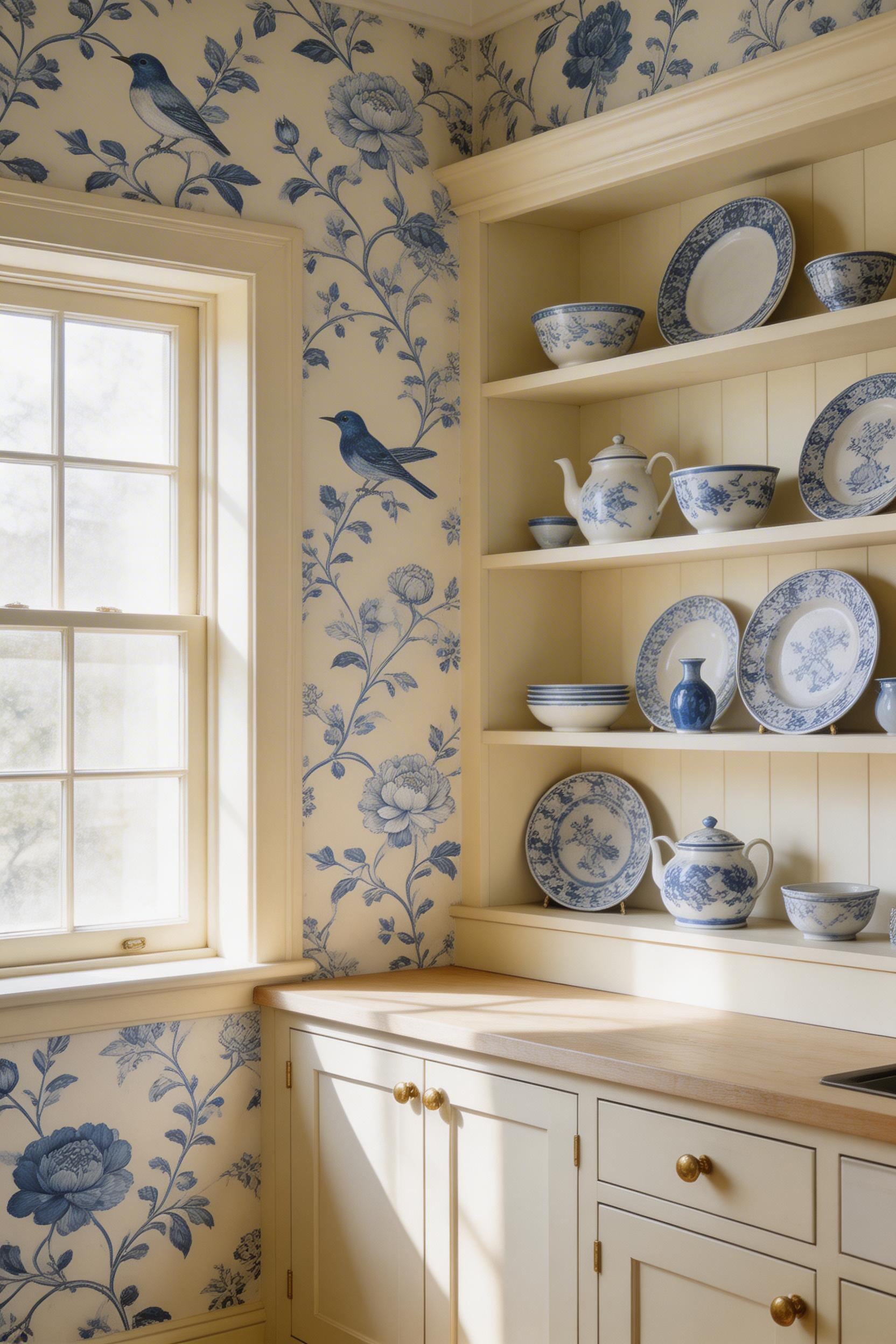 Chinoiserie wallpaper in a kitchen bridges Eastern and European decorative traditions — the cool blue palette and natural compositions read as calm and composed against cream Shaker cabinetry.