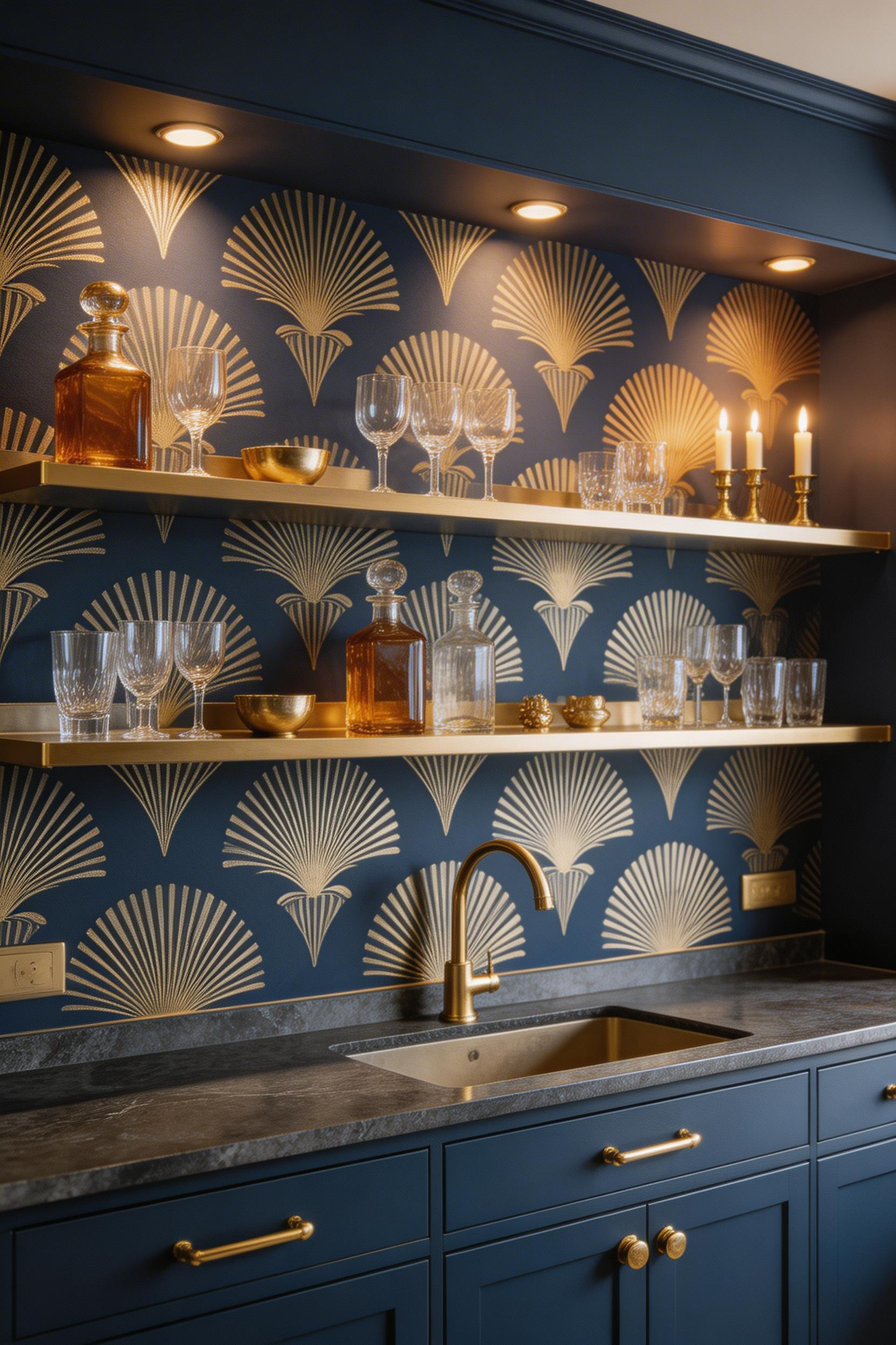 Art Deco kitchen wallpaper in navy and gold creates maximum glamour with minimum commitment — a single contained panel behind open shelving styled with vintage glassware delivers the full period effect.
