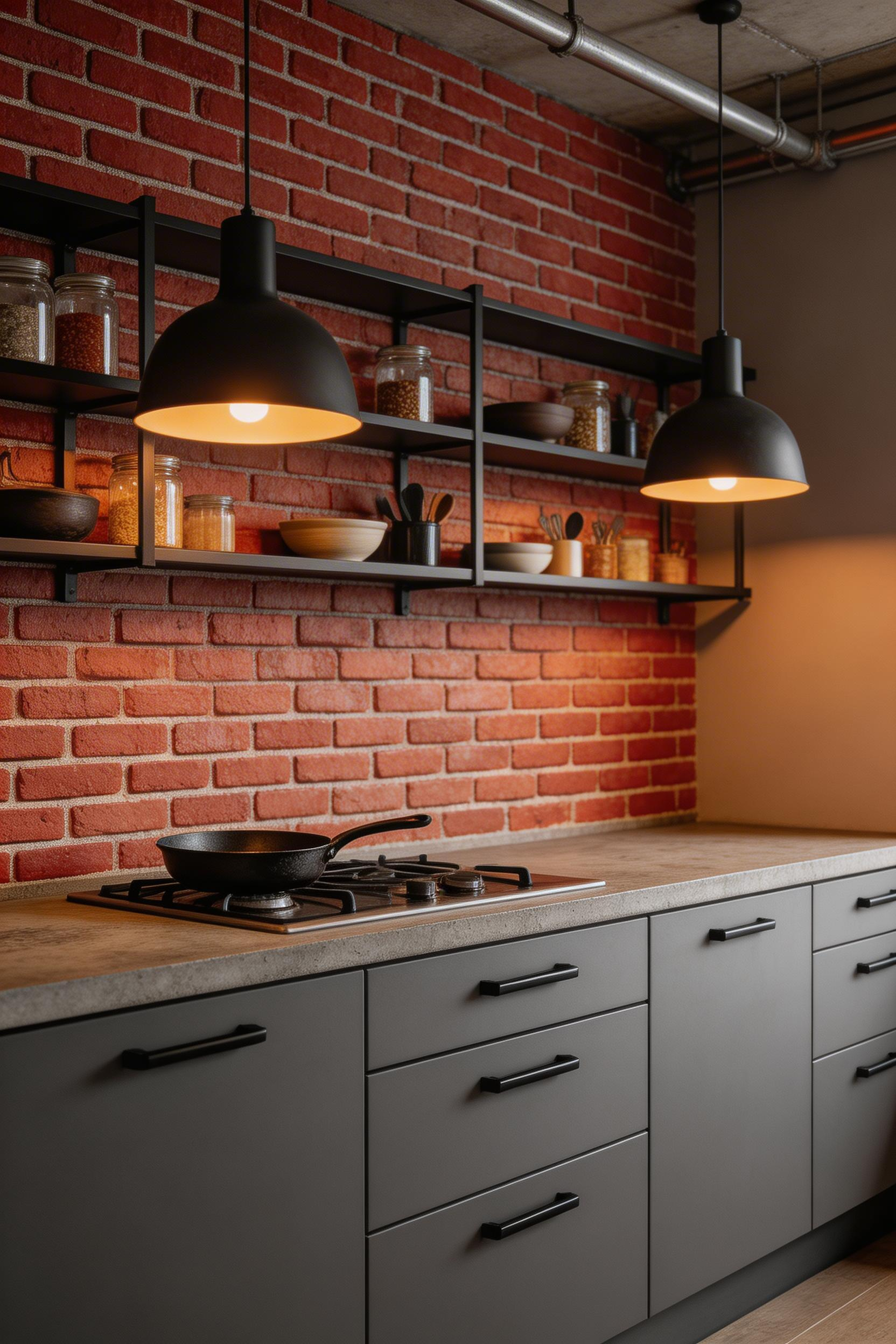 Industrial brick-effect kitchen wallpaper creates the warmth of raw masonry against smooth cabinetry — 3D textured versions from brands like VEELIKE and Arthouse deliver convincing material depth.