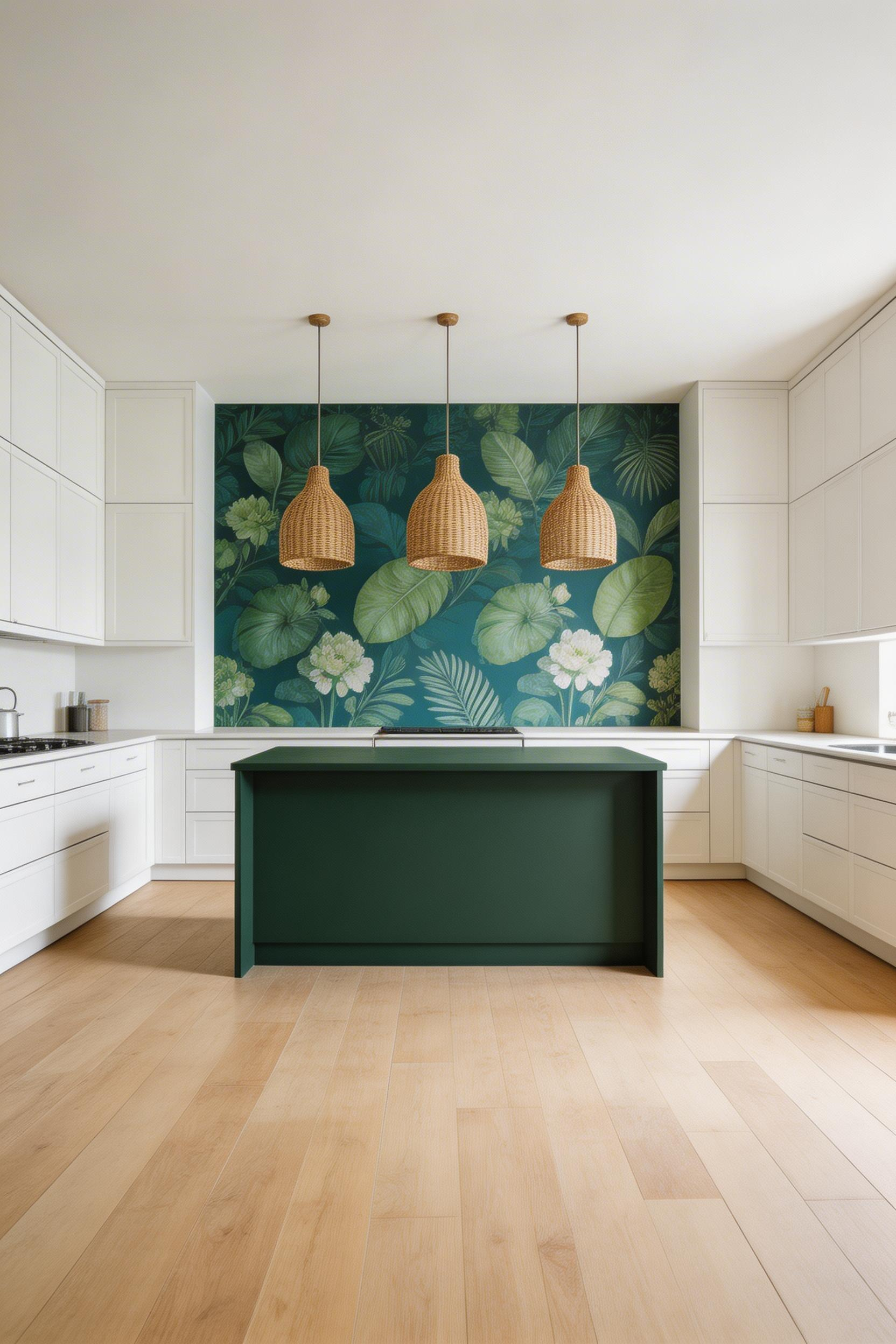 A kitchen feature wall with bold wallpaper in small doses — the single-panel approach lets you test patterns you love without full commitment, and creates maximum impact on minimal wall area.