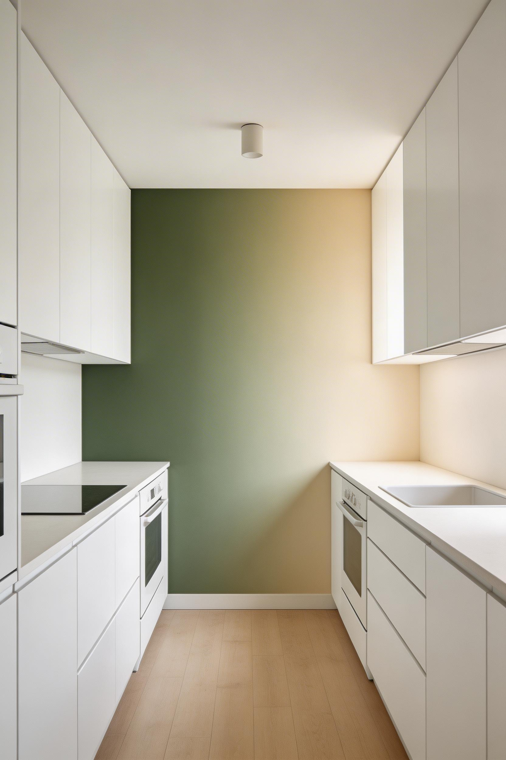 Ombre and gradient kitchen wallpaper ideas for contemporary spaces — a horizontal gradient on a galley end wall creates the illusion of visual width using colour alone, without any pattern complexity.