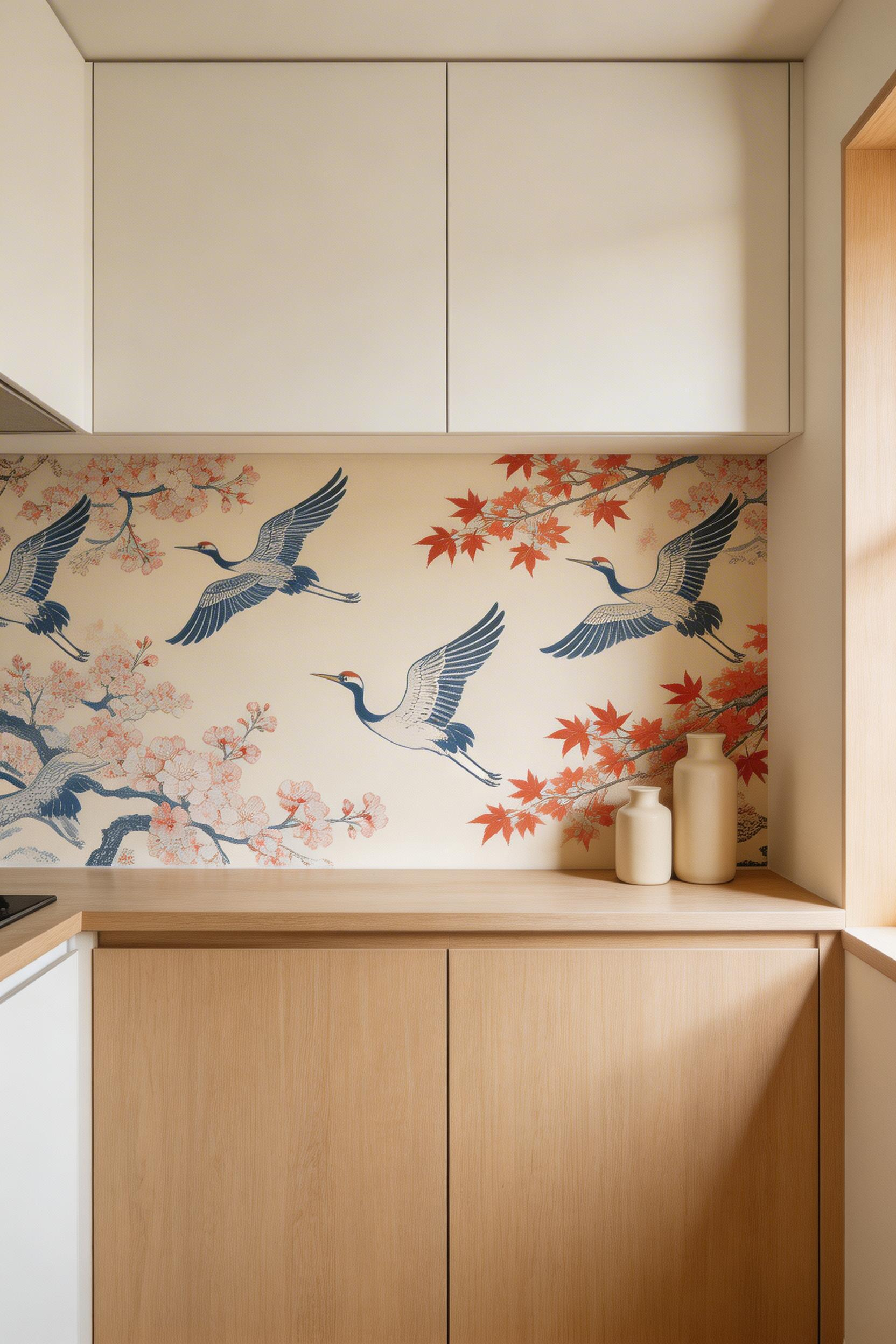 Japanese woodblock print kitchen wallpaper brings cultural narrative to the cooking space — cranes, cherry blossoms, and koi motifs carry specific meaning that deepens with the daily contact a kitchen provides.