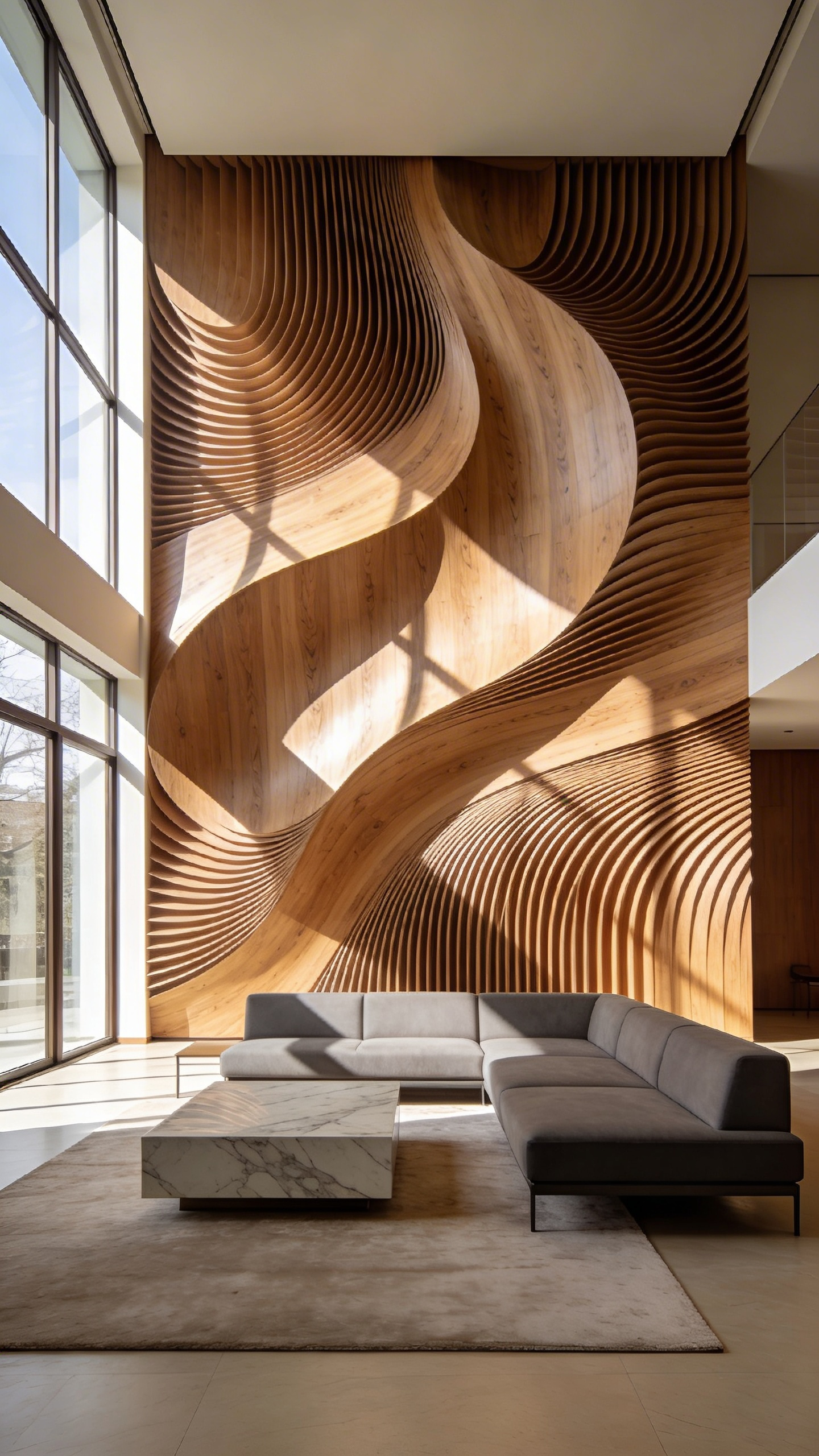 A bright modern living room featuring a large three-dimensional parametric wooden slat wall sculpture behind a gray sectional sofa.