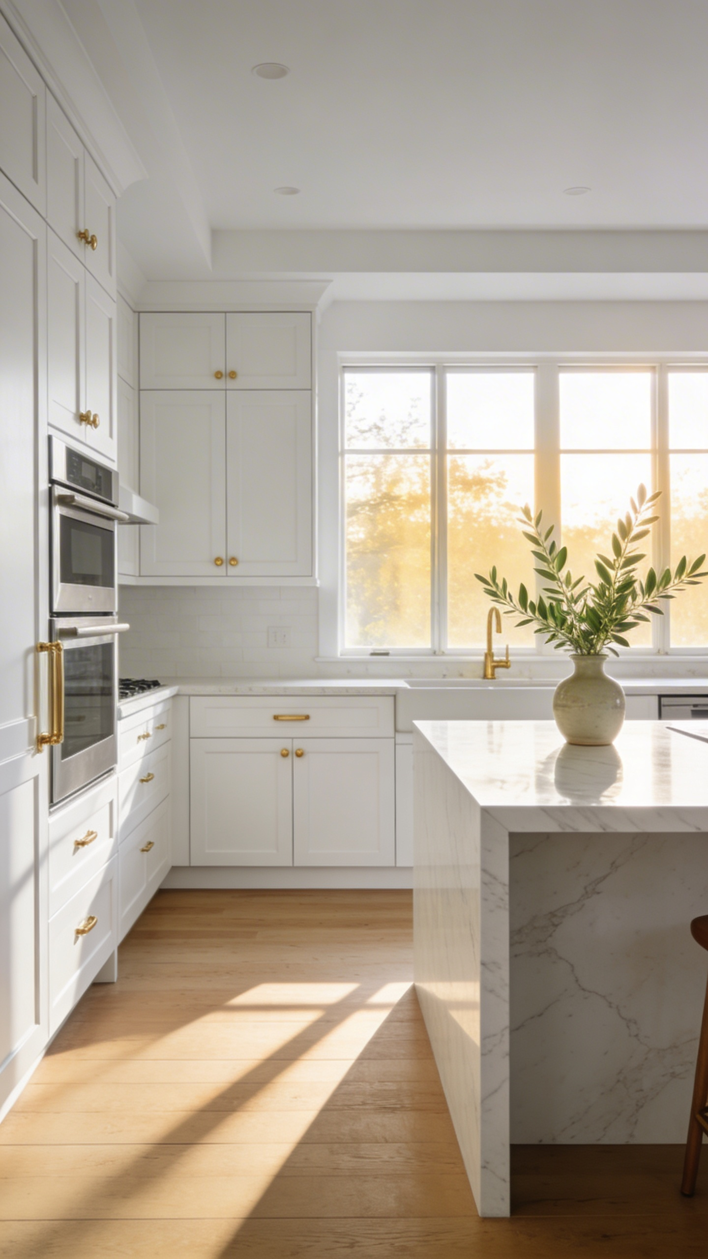 A serene all-white kitchen with marble countertops, light wood floors, and golden hour sunlight streaming through large windows.