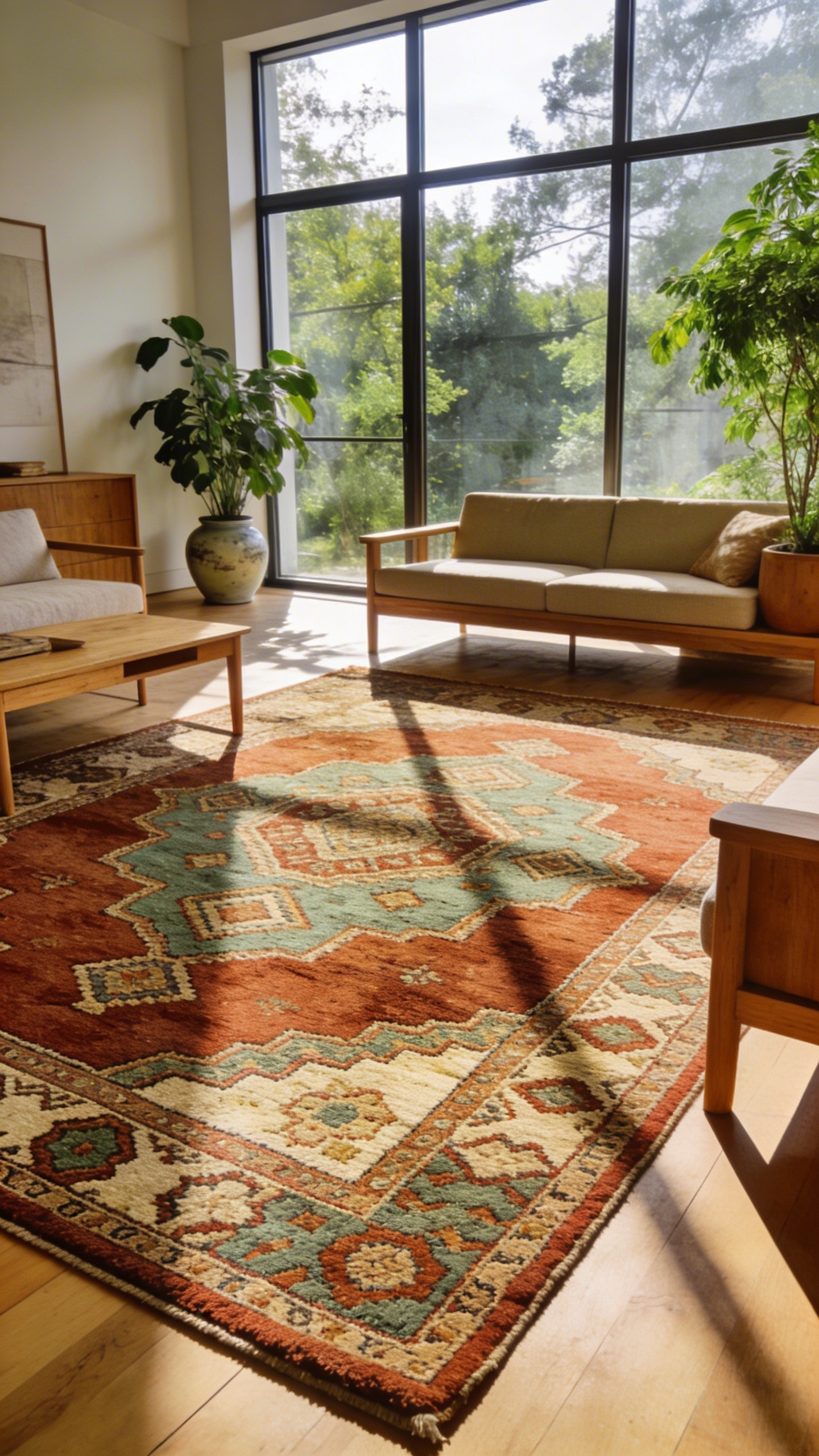 A sunlit modern living room with a large sustainable hand-knotted wool rug on a light wood floor.