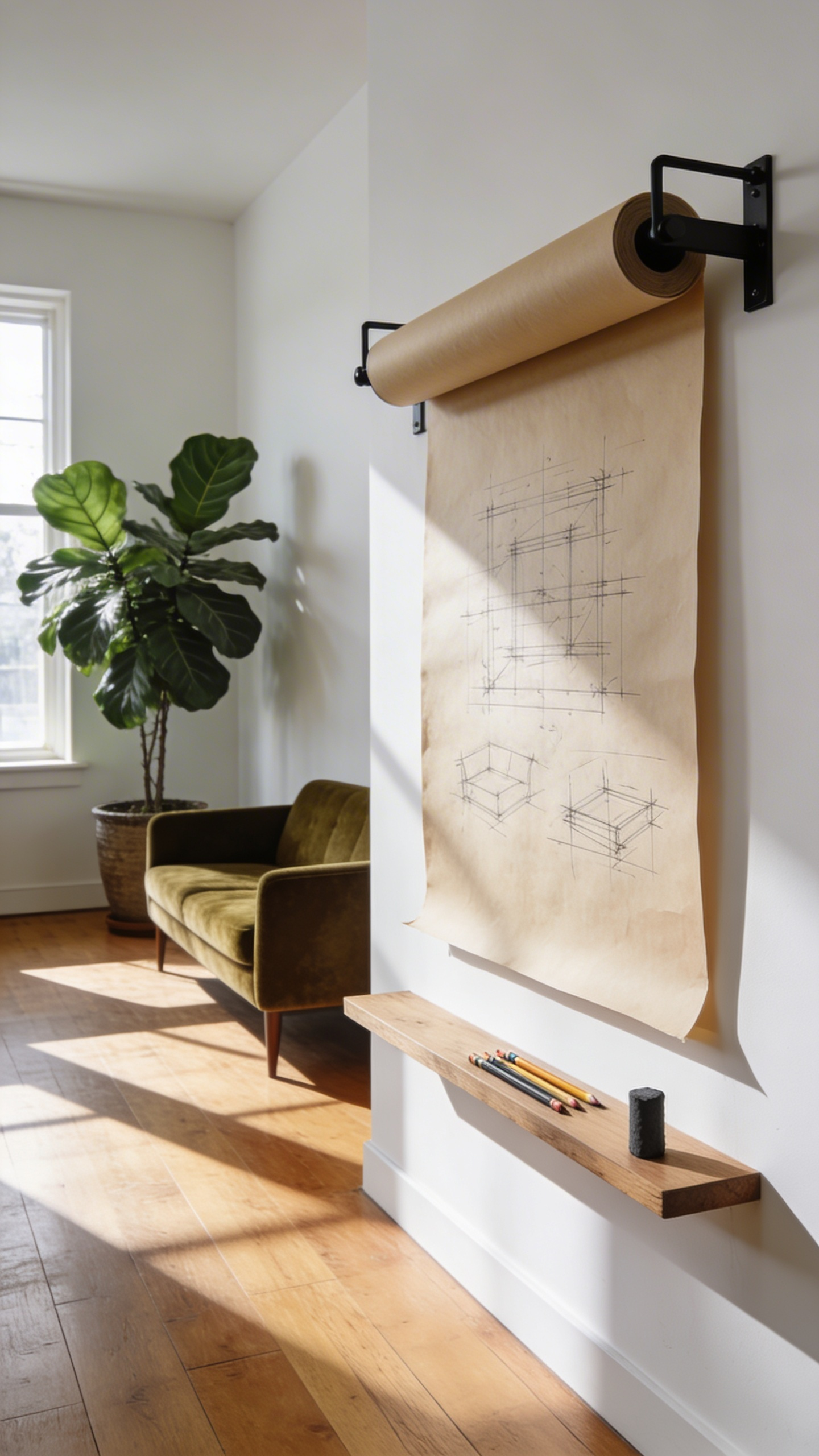 A sophisticated living room interior featuring a large wall-mounted drawing roll with sketches on a white wall.