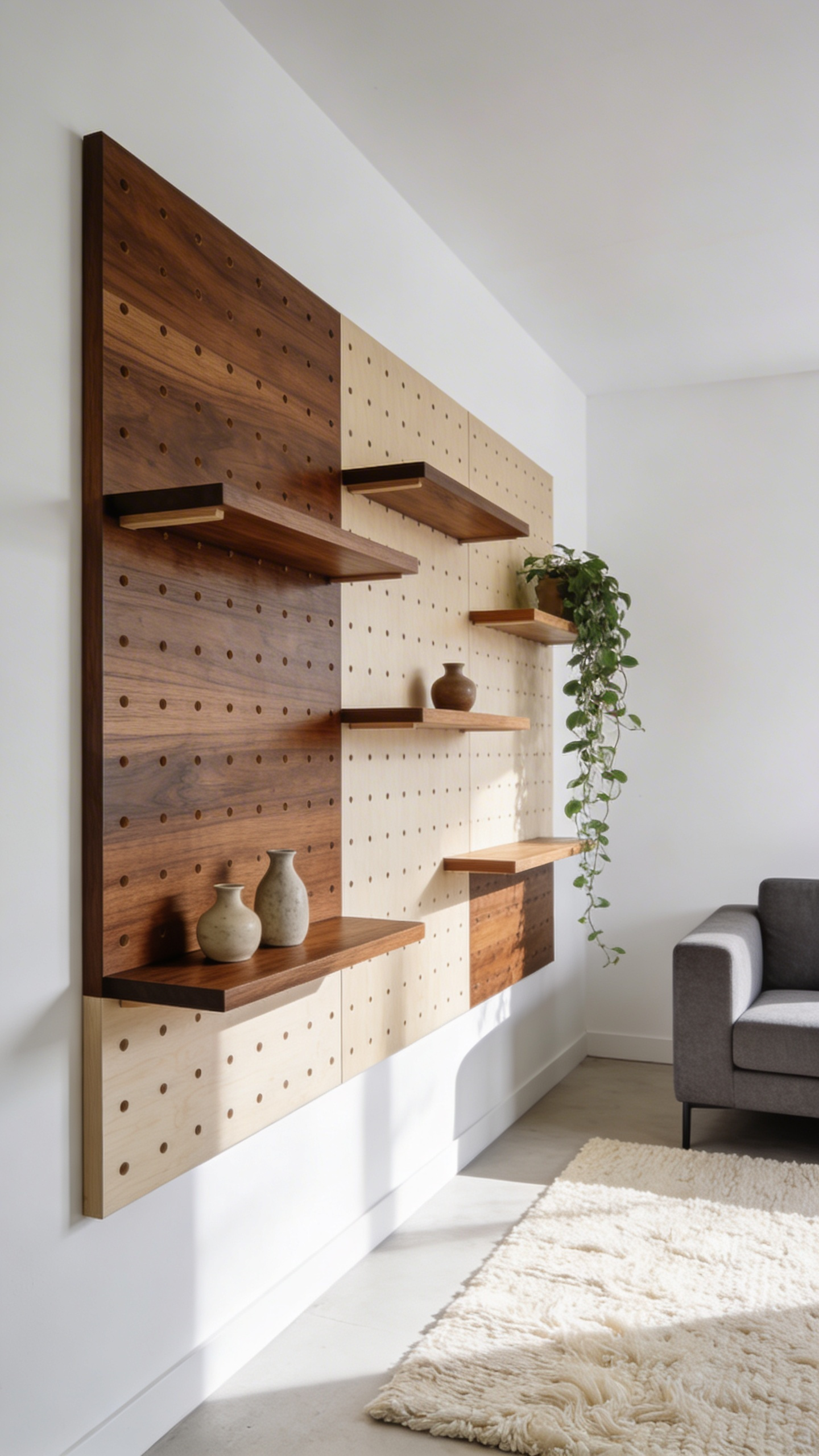 A large modular walnut wood pegboard system on a white living room wall featuring shelves with decor and plants.