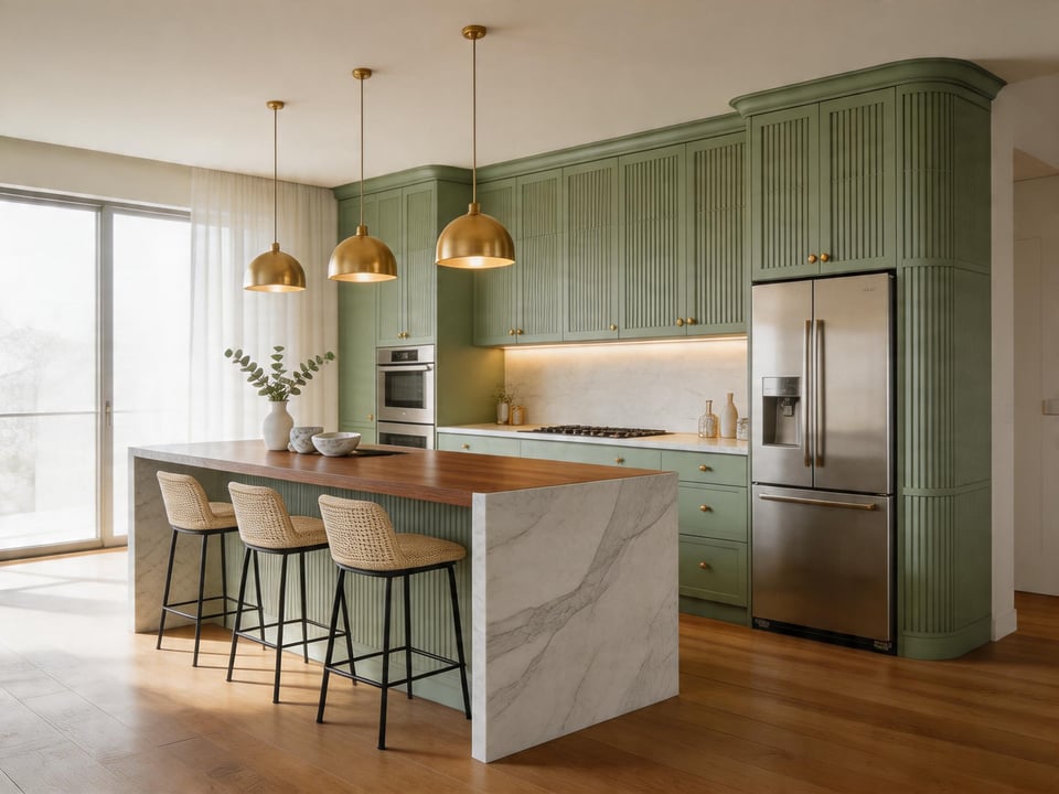 A collection of kitchen bar designs that balance material richness with modern sensibility, from sculptural waterfall countertops to artisan-crafted walnut surfaces.