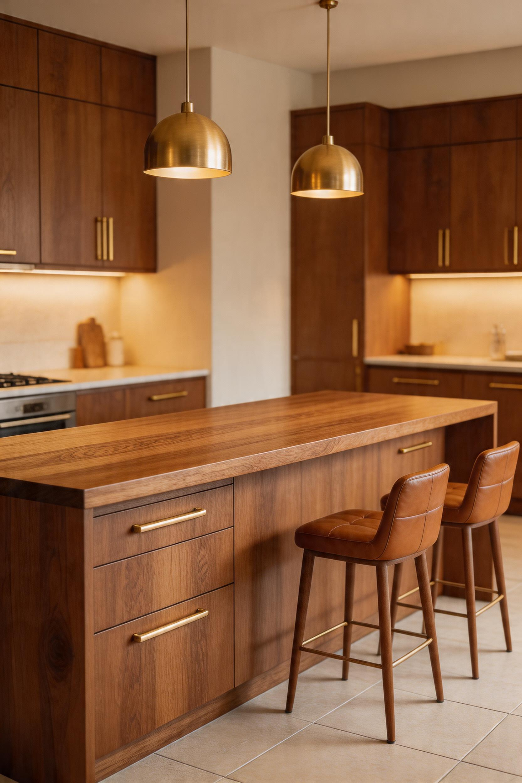 Solid walnut and brushed brass — a pairing of natural warmth and refined metalwork that gives this kitchen bar counter an enduring, collected quality.