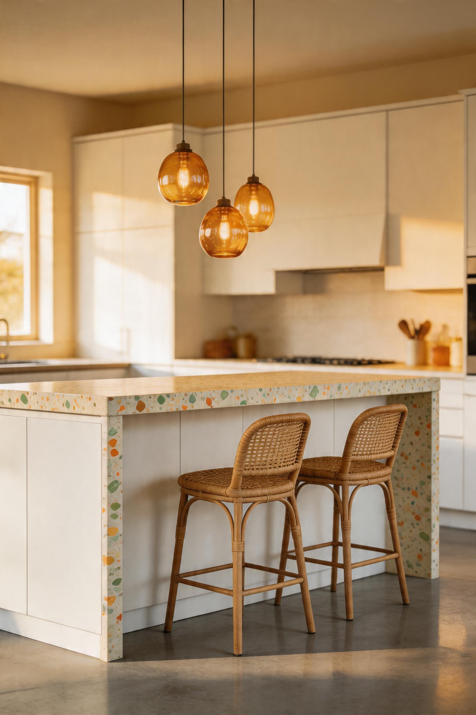 A warm-aggregate terrazzo bar counter paired with handblown amber glass pendant lights creates a kitchen gathering space of genuine material depth.