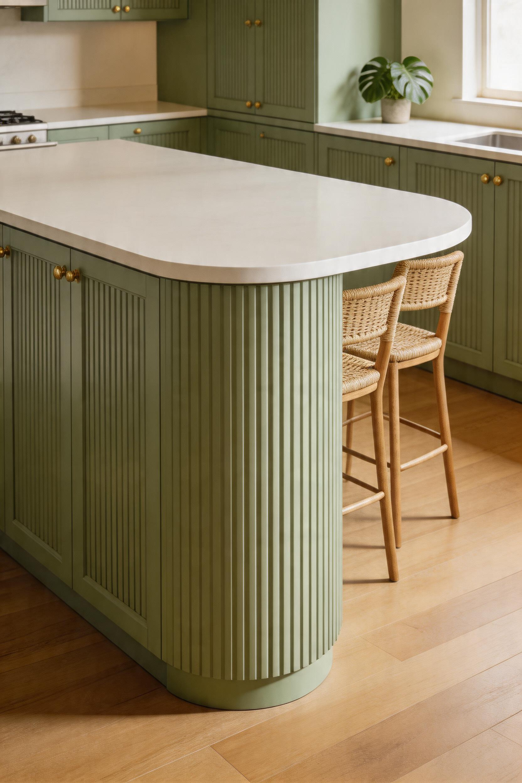 A curved sage green peninsula with fluted panel detailing transforms a standard kitchen bar into an architectural moment — the rounded end inviting, the shadow lines adding genuine depth.