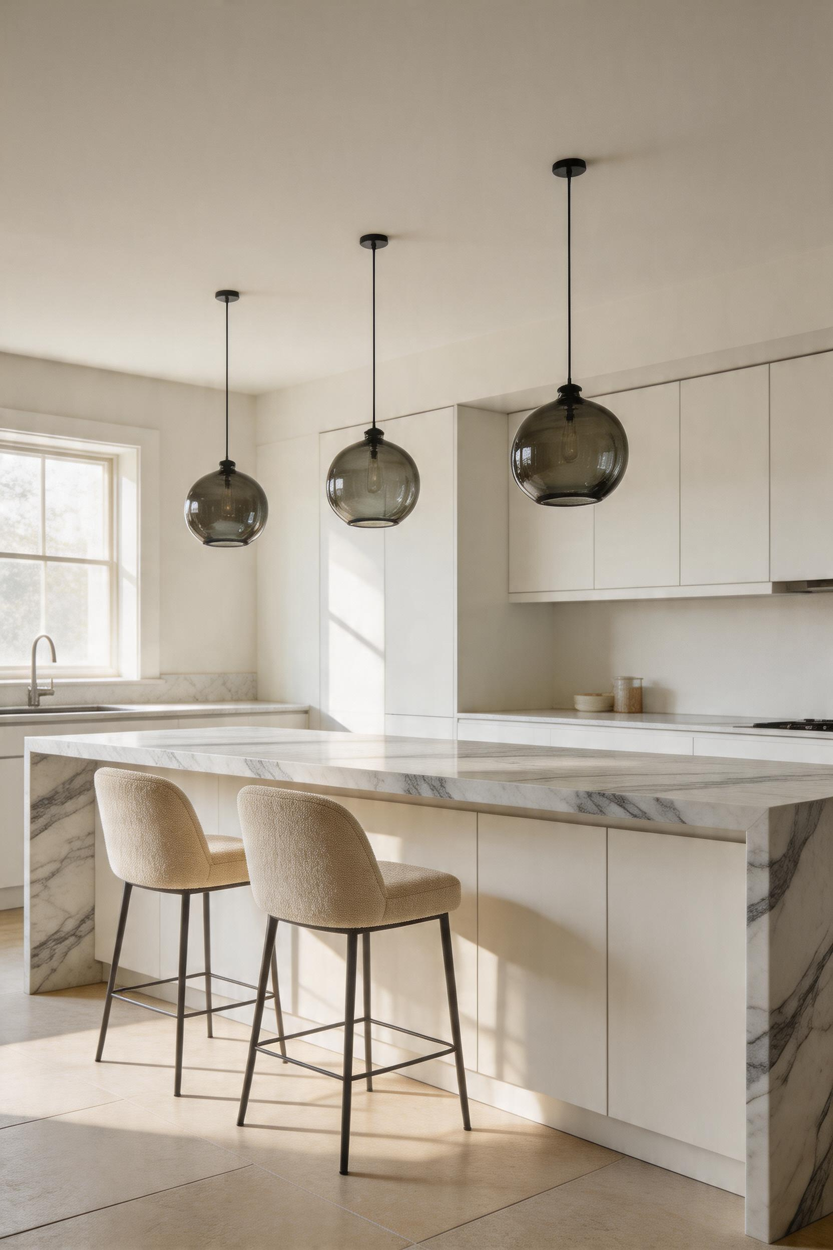 Honed Calacatta marble and a cluster of smoked glass pendants — this kitchen bar design makes the case for the material investment through sheer daily visual reward.
