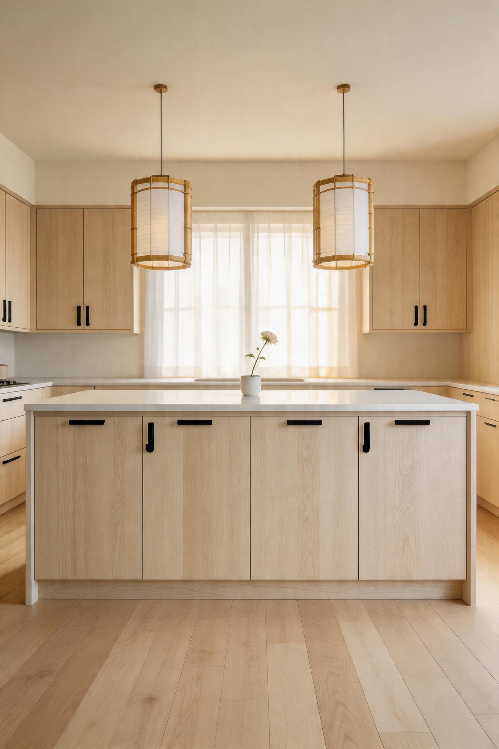 A Japandi kitchen bar in rift-cut white oak and honed quartz achieves the rare balance of genuinely calming simplicity — restrained but never cold.