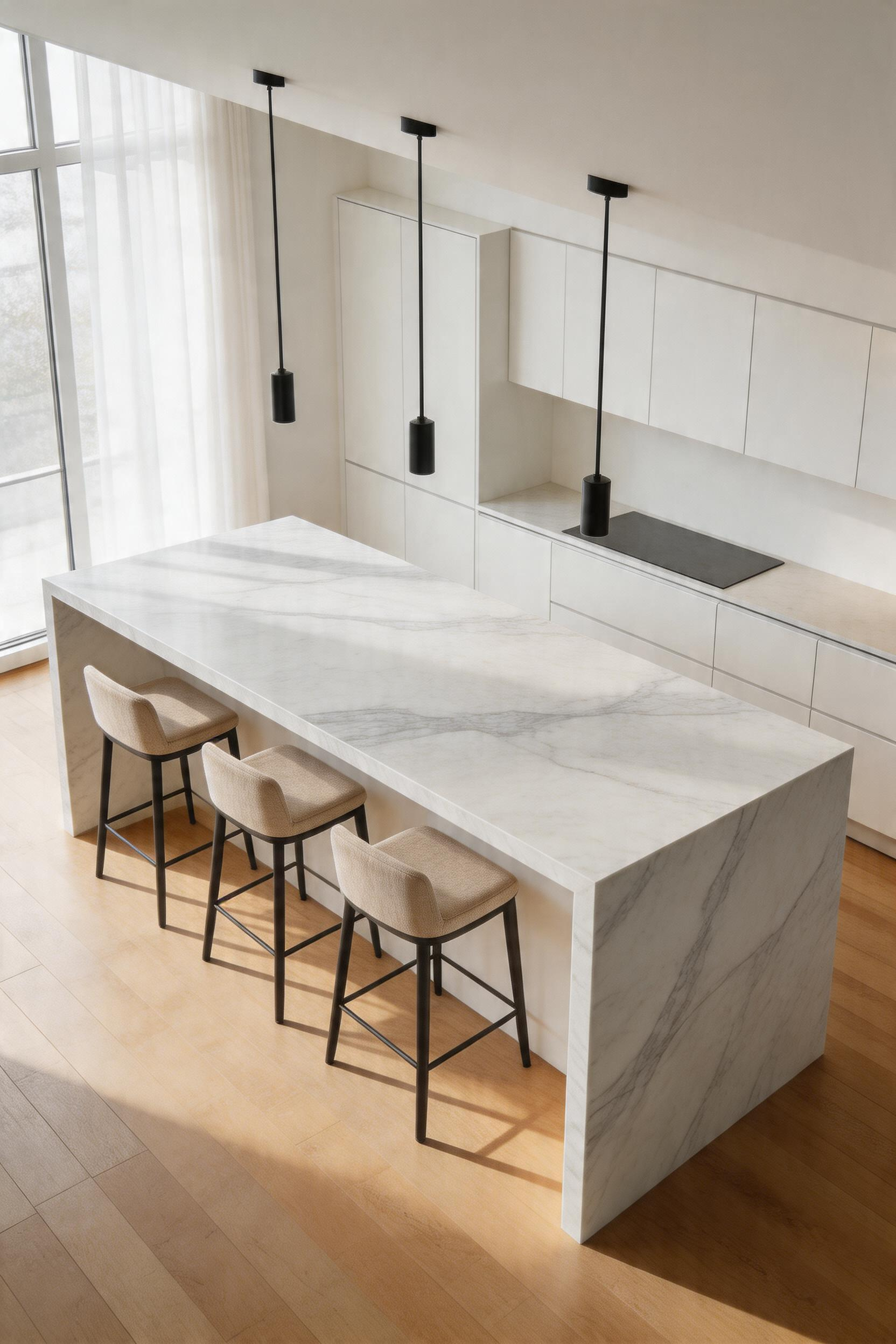 A Calacatta quartz waterfall peninsula creates a sculptural focal point in this open-plan kitchen, with its continuous slab edge descending cleanly to the floor.