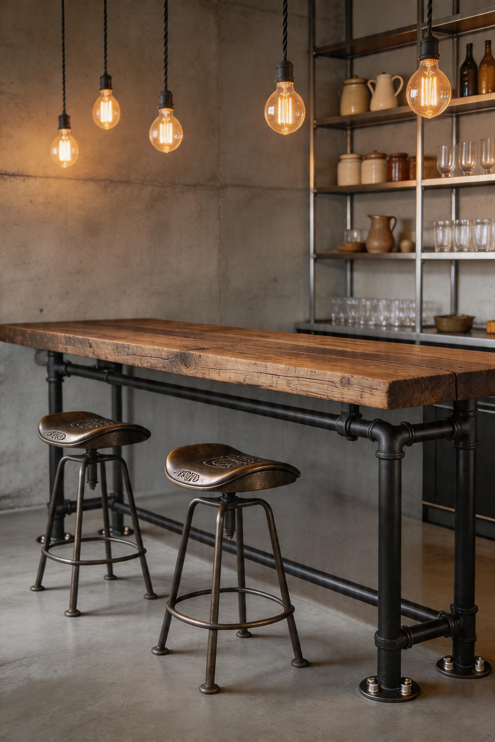 Reclaimed barn wood and black iron pipe create a kitchen bar counter with genuine industrial character — raw, considered, and surprisingly warm.
