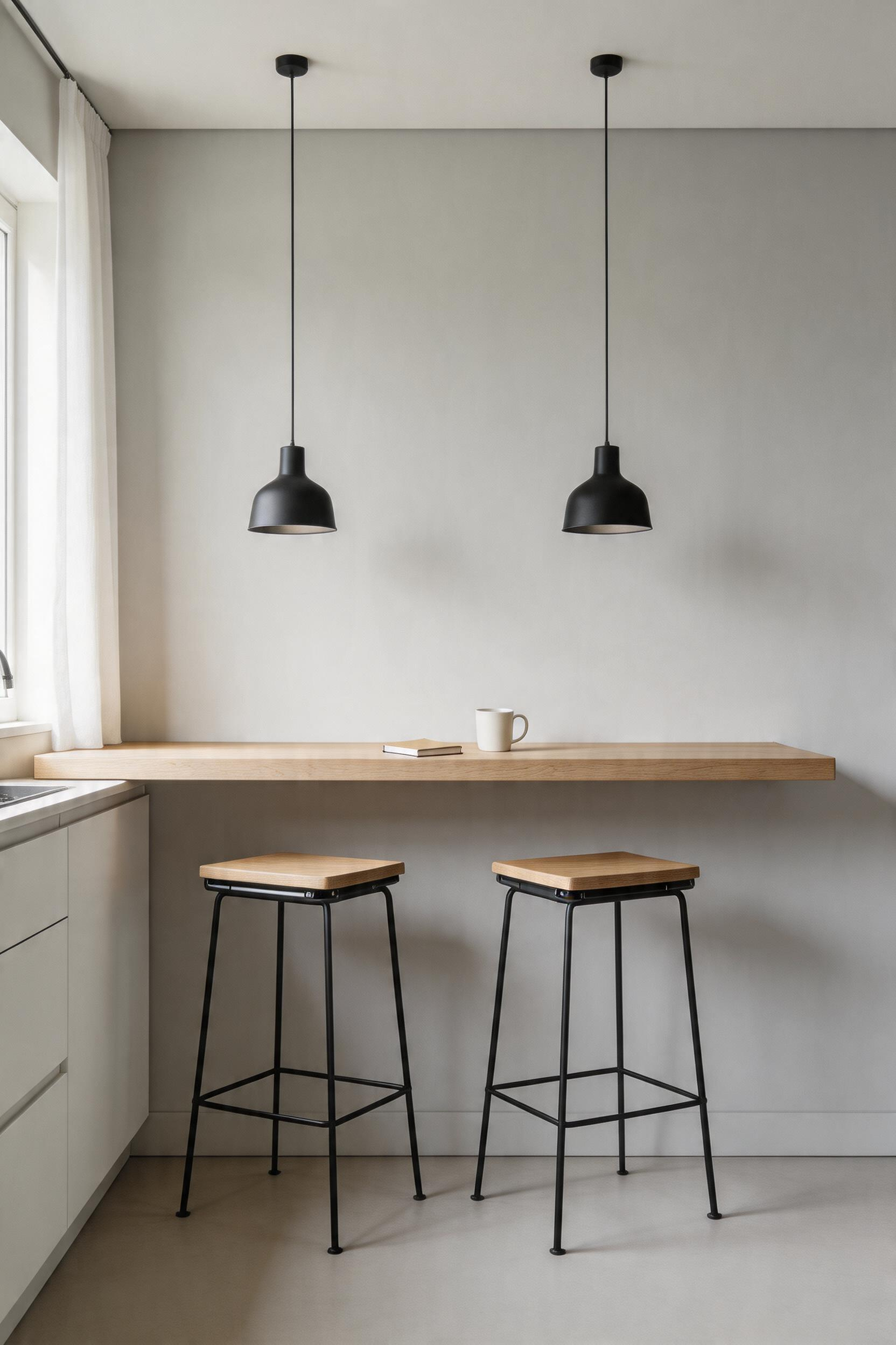 A floating cantilever bar shelf in solid oak adds genuine bar seating to a compact kitchen with zero floor footprint — the stools disappear completely underneath when not in use.
