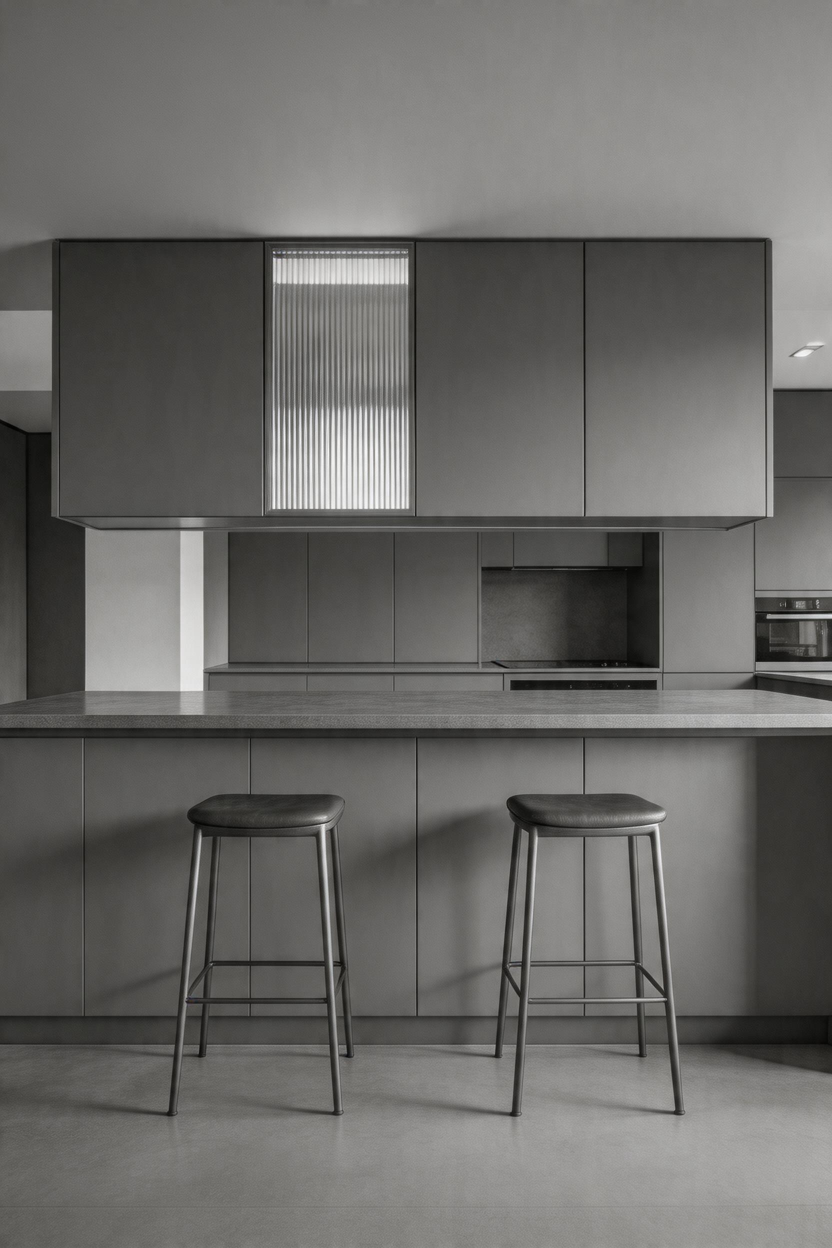 An all-charcoal monochrome kitchen bar with handleless satin cabinetry and ribbed glass detail — a graphic, architectural statement that relies on material quality to hold its ground.