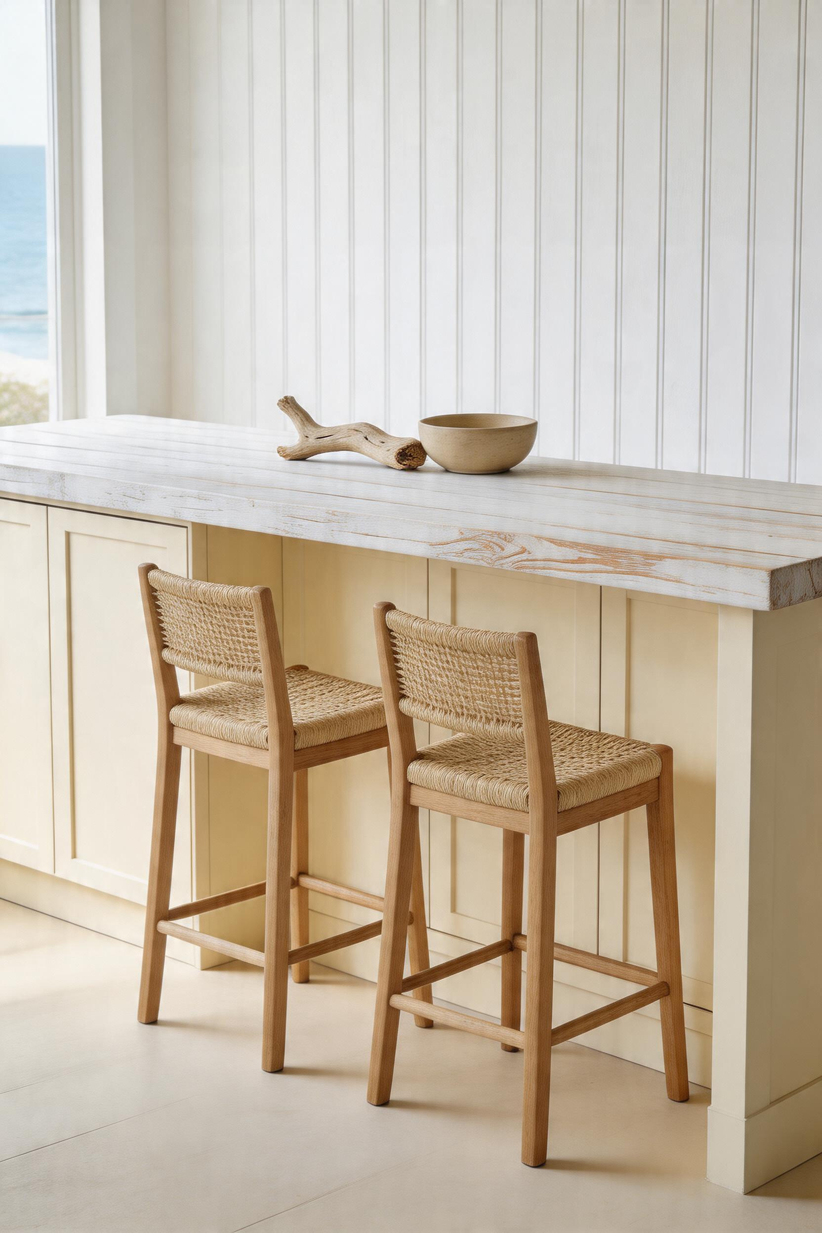 A lime-washed bar counter and seagrass stools create a coastal kitchen bar of genuine material restraint — driftwood tones, natural fibres, and the quality of light doing all the work.