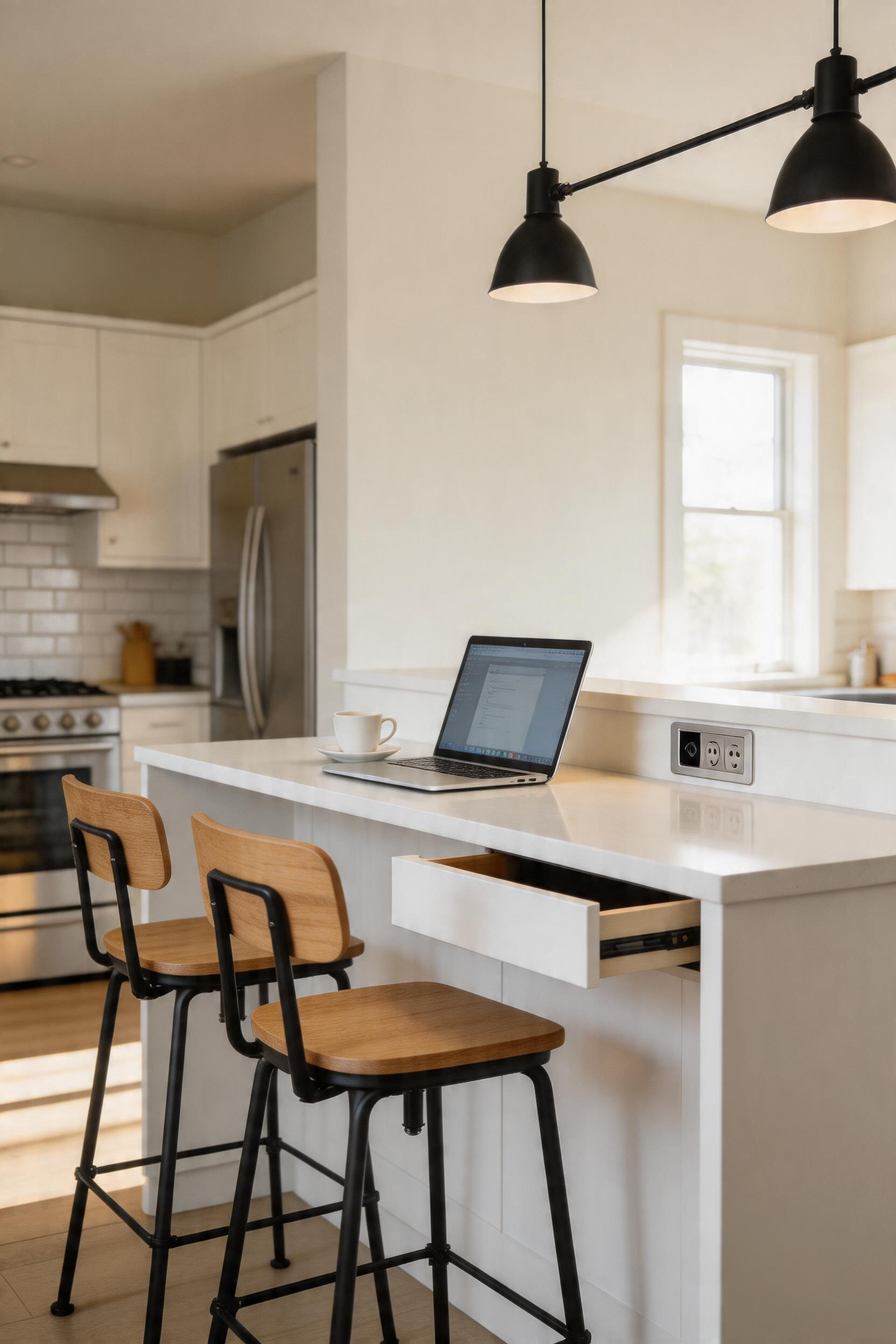 A counter-height kitchen bar with a flush pop-up outlet, task lighting, and a narrow desk drawer serves as an occasional home office without visually compromising the kitchen design.
